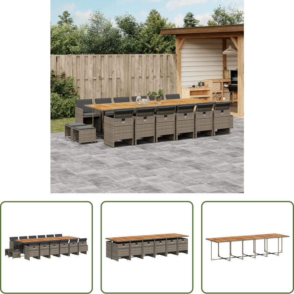 The Living Store 17-dielny záhradný jedálenský set s vankúšmi sivý polyratan