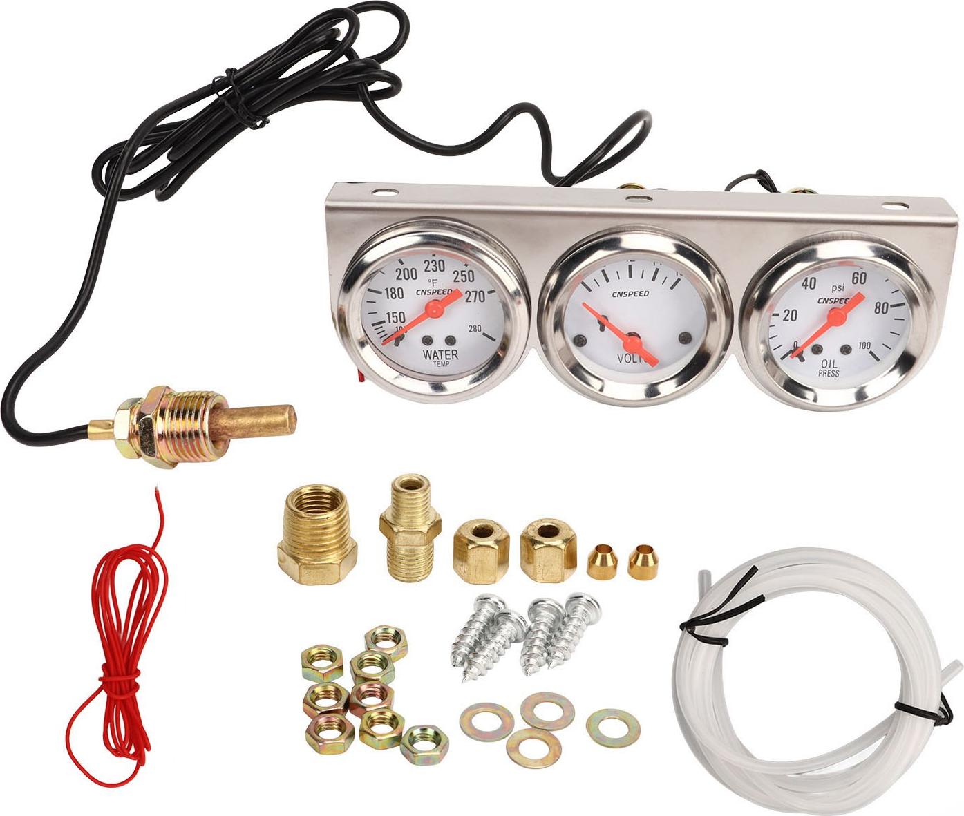 52 mm trojitá tyčová súprava biely číselník 12 V tlak oleja teplota vody voltmeter so senzorom