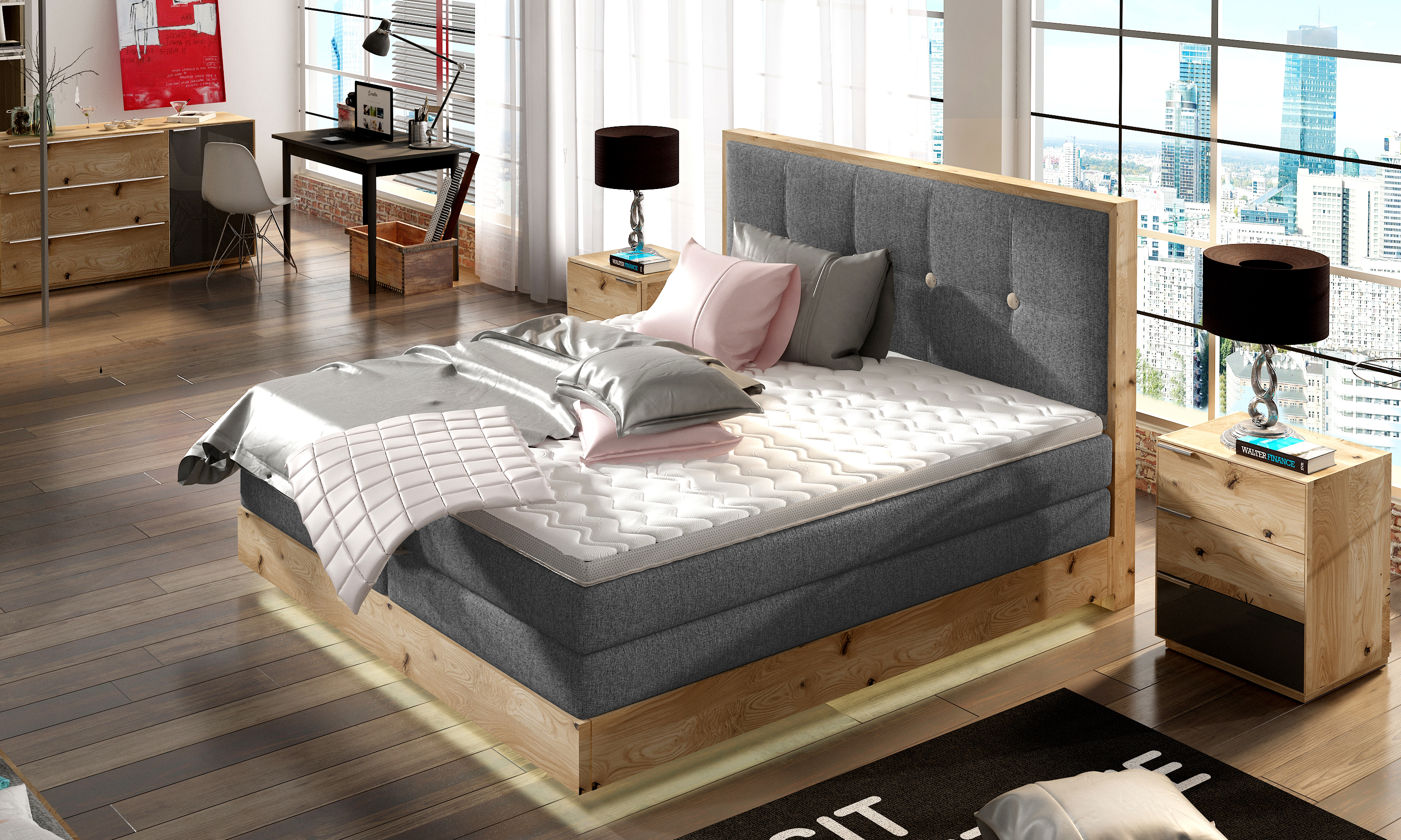 Schlafzimmer Bett Hochwertiges Boxspringbett ETNO Mit Bettkasten, Komfortabel und Elegant, Bonellfederkern, Premium Kaltschaum-Topper, Massivholz Eiche | 160x200 cm | Graphit