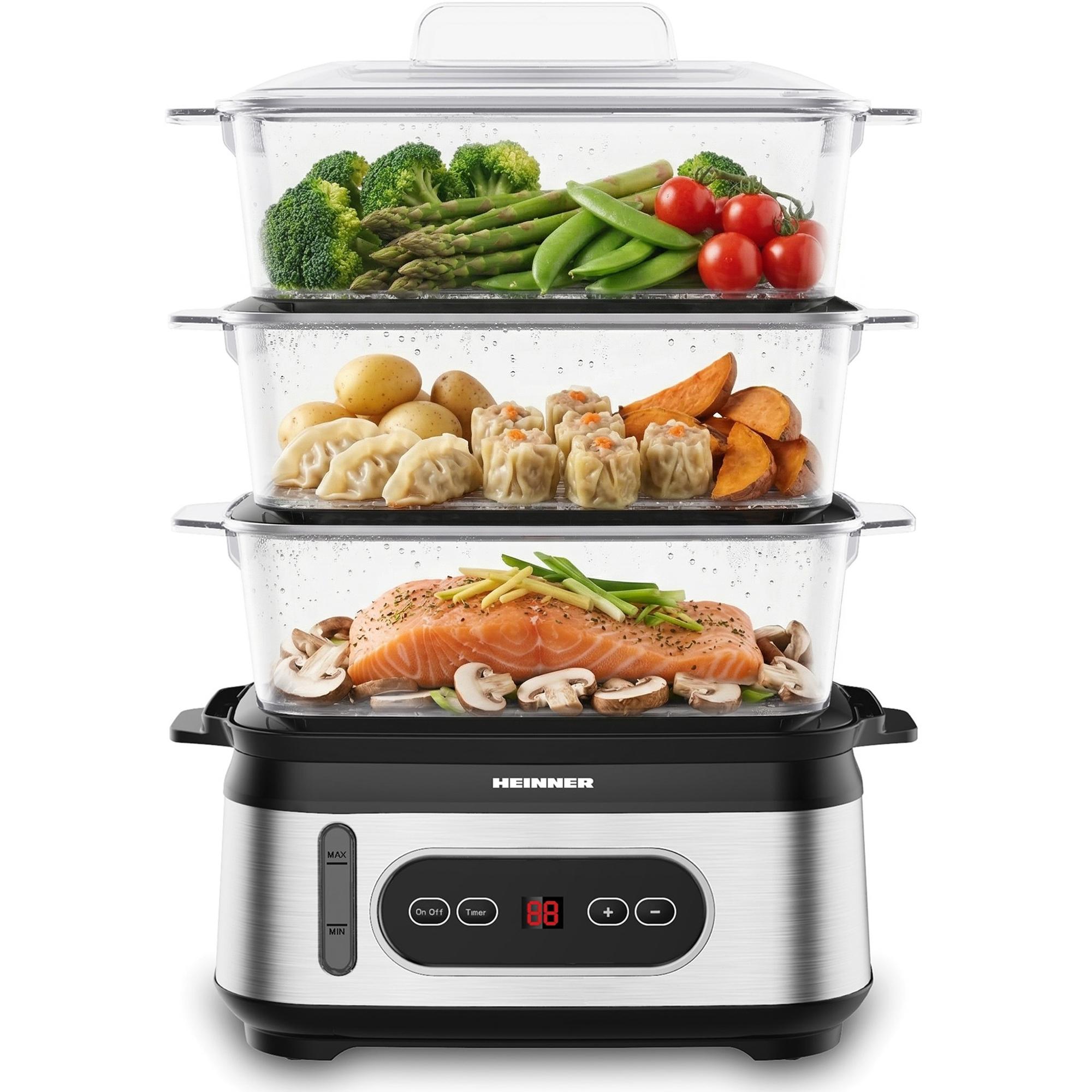 Heinner ONESTEAM HSA-D950SS Dampfgarer 9 L, 3 Ebenen, BPA-frei, 950 W, LED-Display