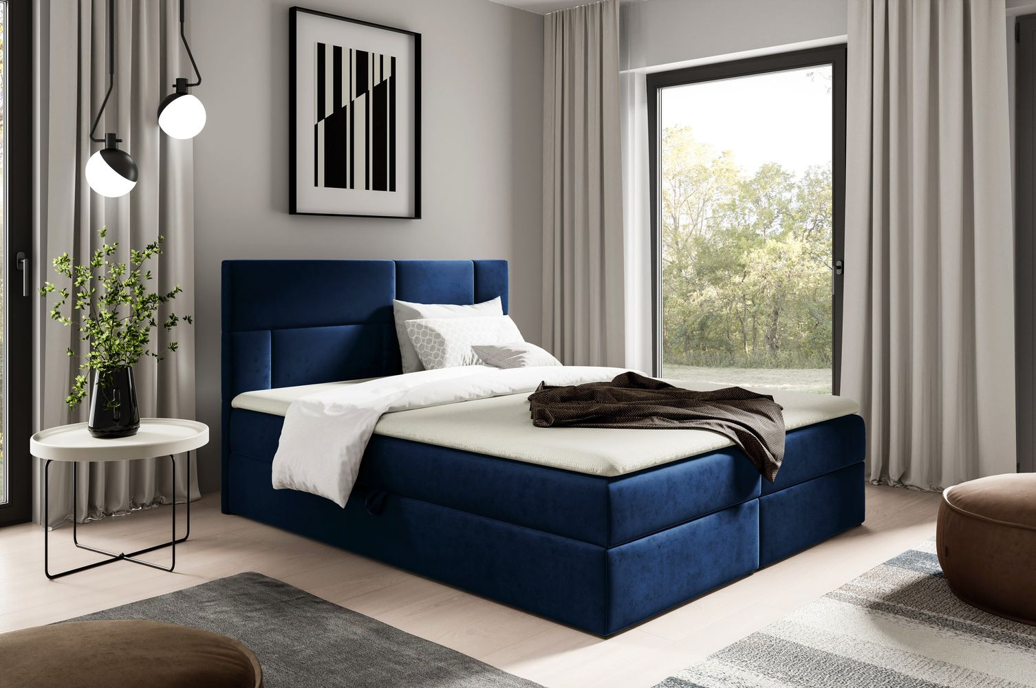 Čalúnená posteľ 200x200 ALTANA - tmavo modrá + topper ZDARMA