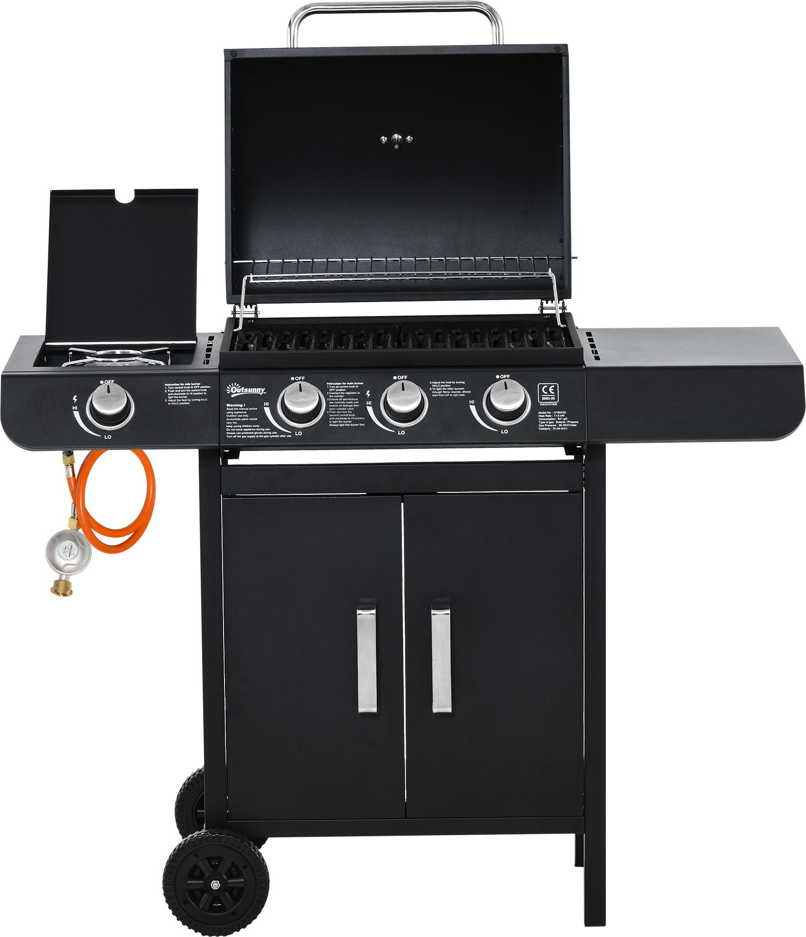 Outsunny plynový gril BBQ grilovací vozík so 4 horákmi multifunkčný kovový