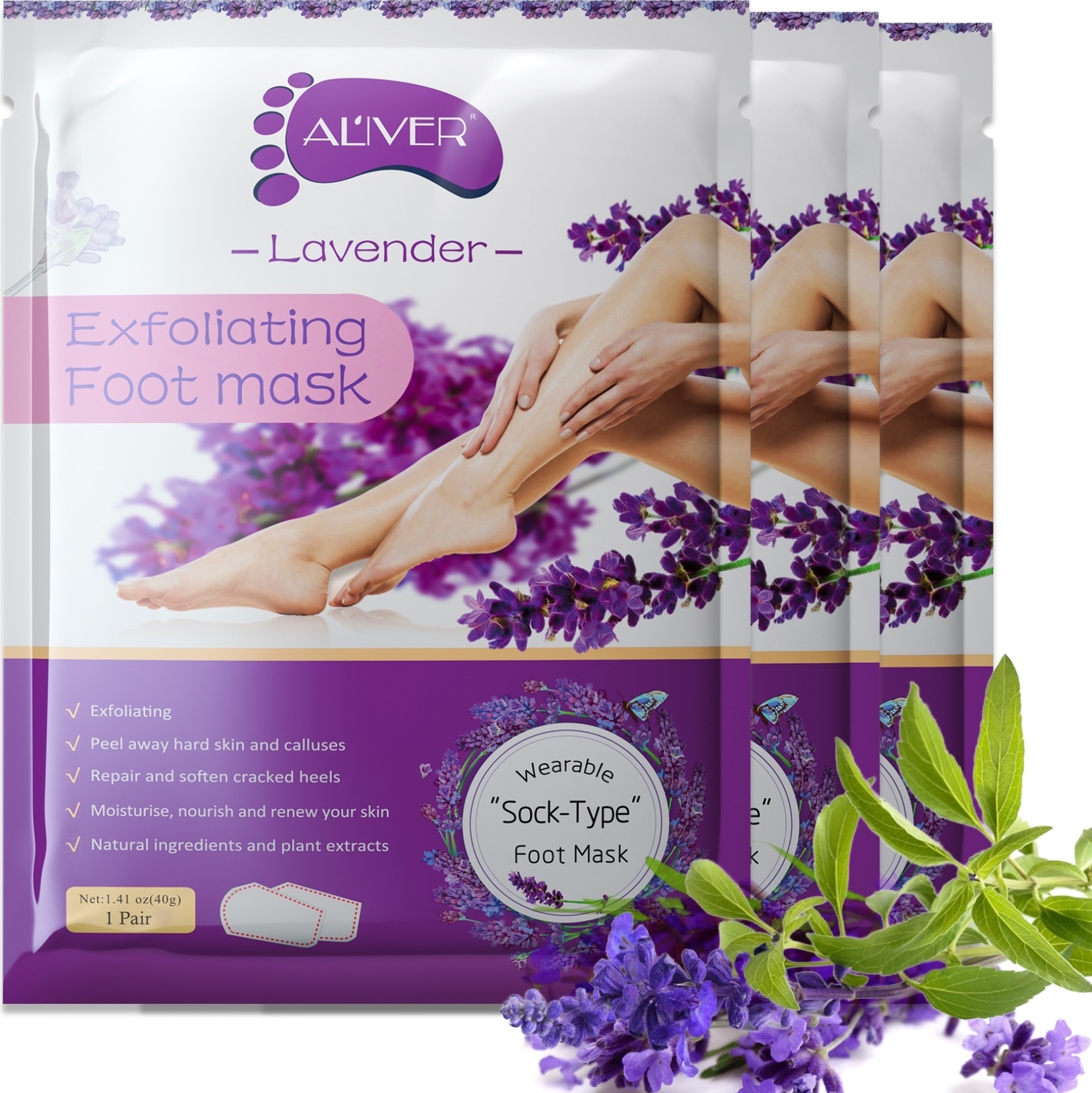 ALIVER Fußmaske Fusspeeling Fußpflege Anti Hornhaut Socken Hornhautentferner Lavendel, 3 Paar NEW-2461