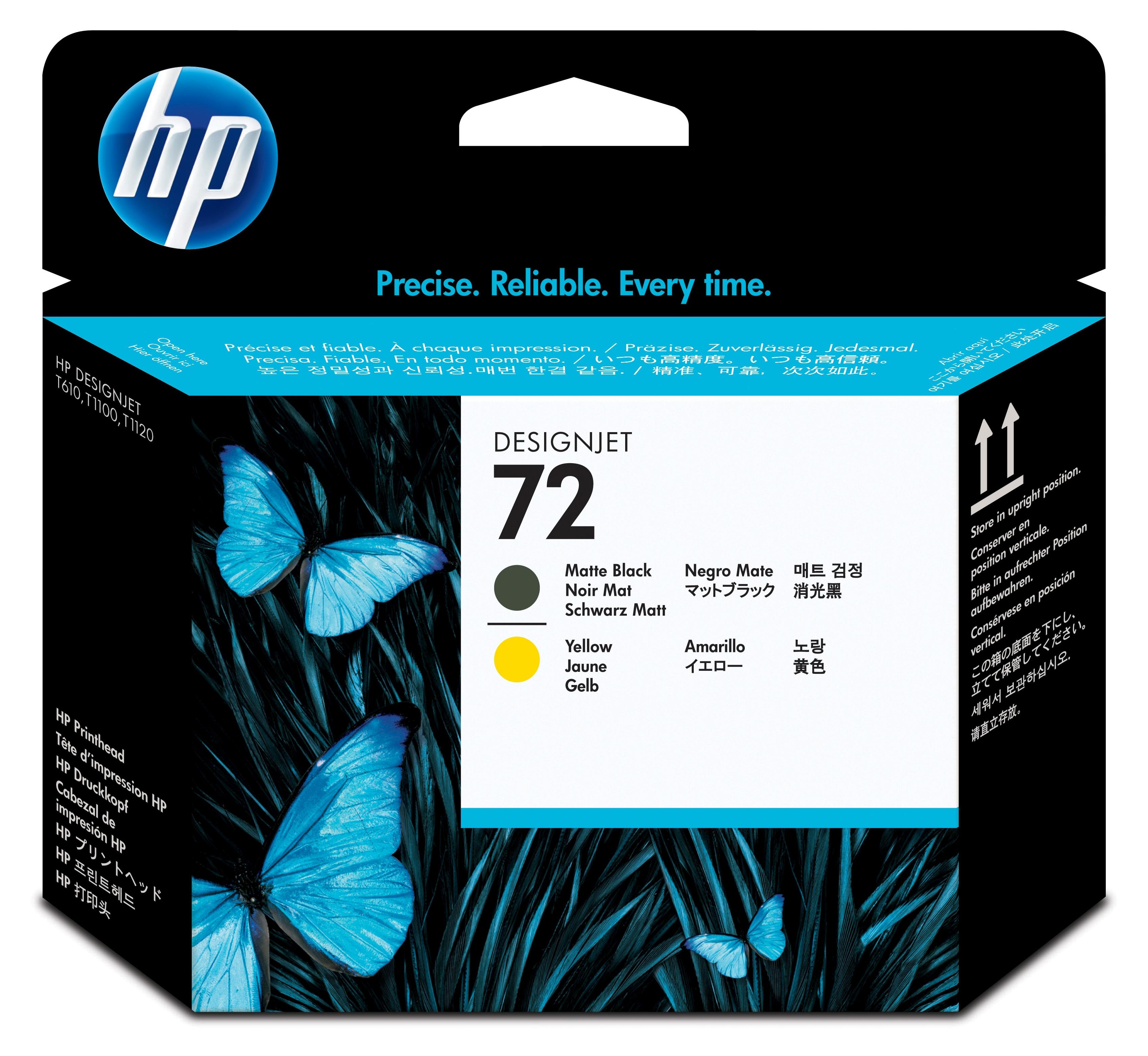HP 72 Mattschwarz/Gelb DesignJet Druckkopf, HP DesignJet T610-Druckerserie, T620-Druckerserie, T770-Druckerserie, T1100-Druckerserie,..., Thermal Inkjet, Schwarz, Gelb, C9384A, Singapur, 28 mm