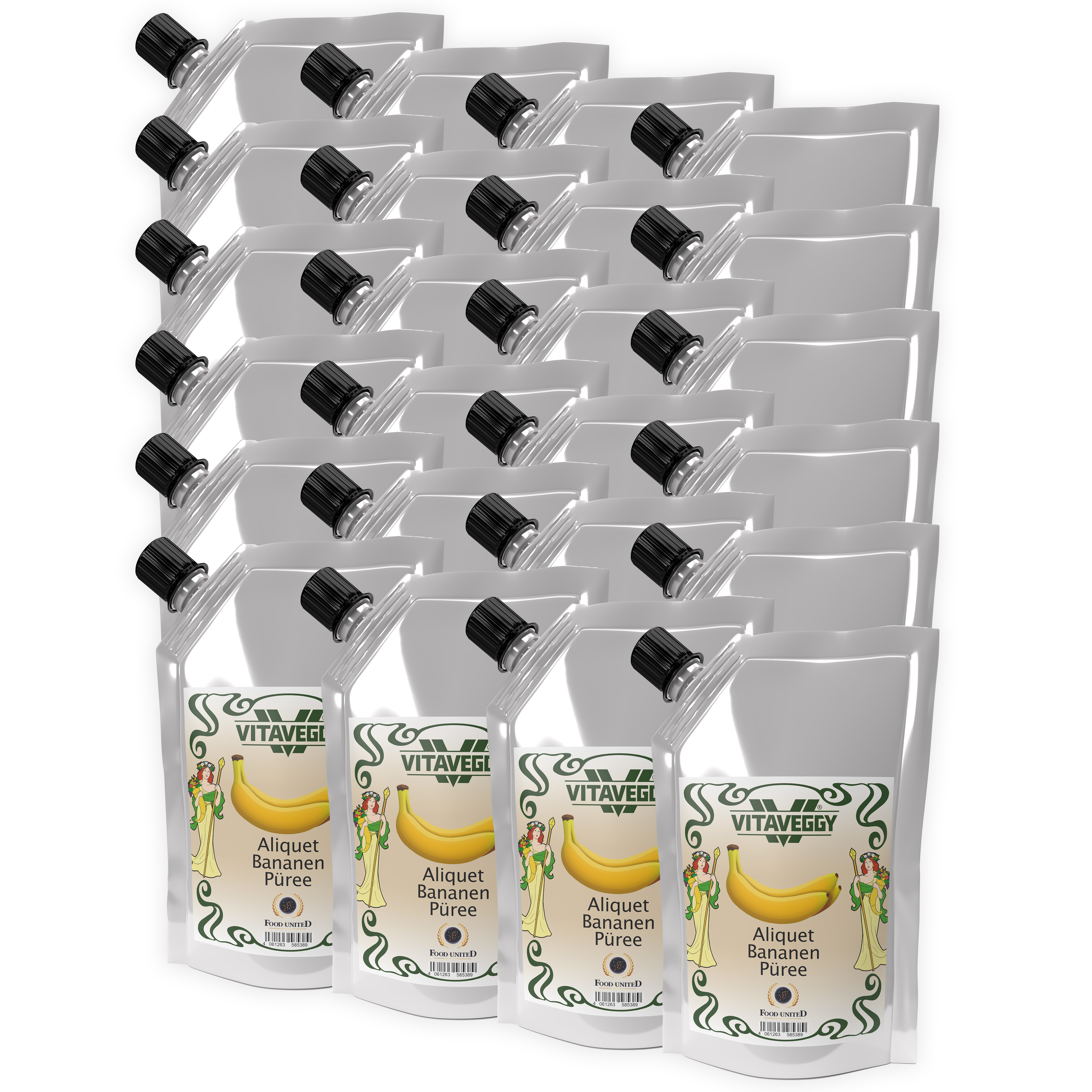 VITAVEGGY Früchte-Püree BANANE 24x1kg ohne Aroma- Farb- & Konservierungsmittel von Food-United, Bananenpüree für Obstbrei & Babybrei oder als Bananenmus Bananenbrei Bananensaft Bannen-Smoothie Sorbet Füllungen Bananen-Kuchen Desserts, GVO-Frei Glute