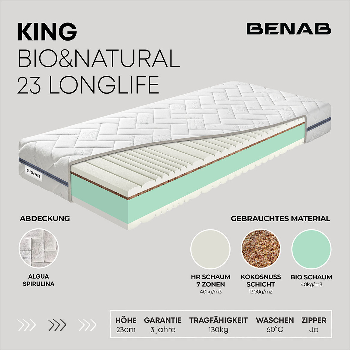 Kaltschaummatratze Benab King Bio&Natural 23 Longlife Matratze 70 x 195 cm H3 / H5 hart 23 cm hohe Kaltschaummatratzen, Algua Spirulina, BIO-Schaum, Kokosschicht, HR-Schaum, 7-Zonen-Profilierung, Kanälenprofil, Partnermatratze, Hot Melt,