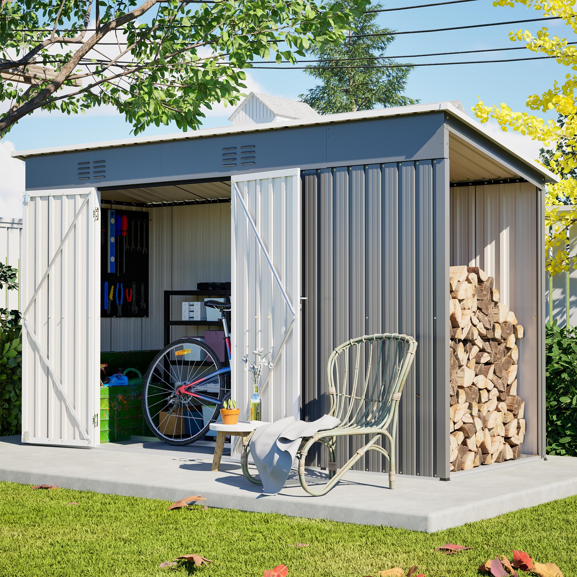 Metall Gerätehaus mit Holzunterstand Garten Brennholzlager mit Fundament Geräteschuppen Gartenhaus Metallgerätehaus Holzregal