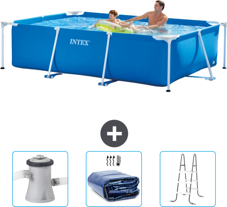 Bazén Intex s obdĺžnikovým rámom - 260 x 160 x 65 cm - modrý - súčasťou dodávky je filtračné čerpadlo pre bazén - slnečná plachta - rebrík