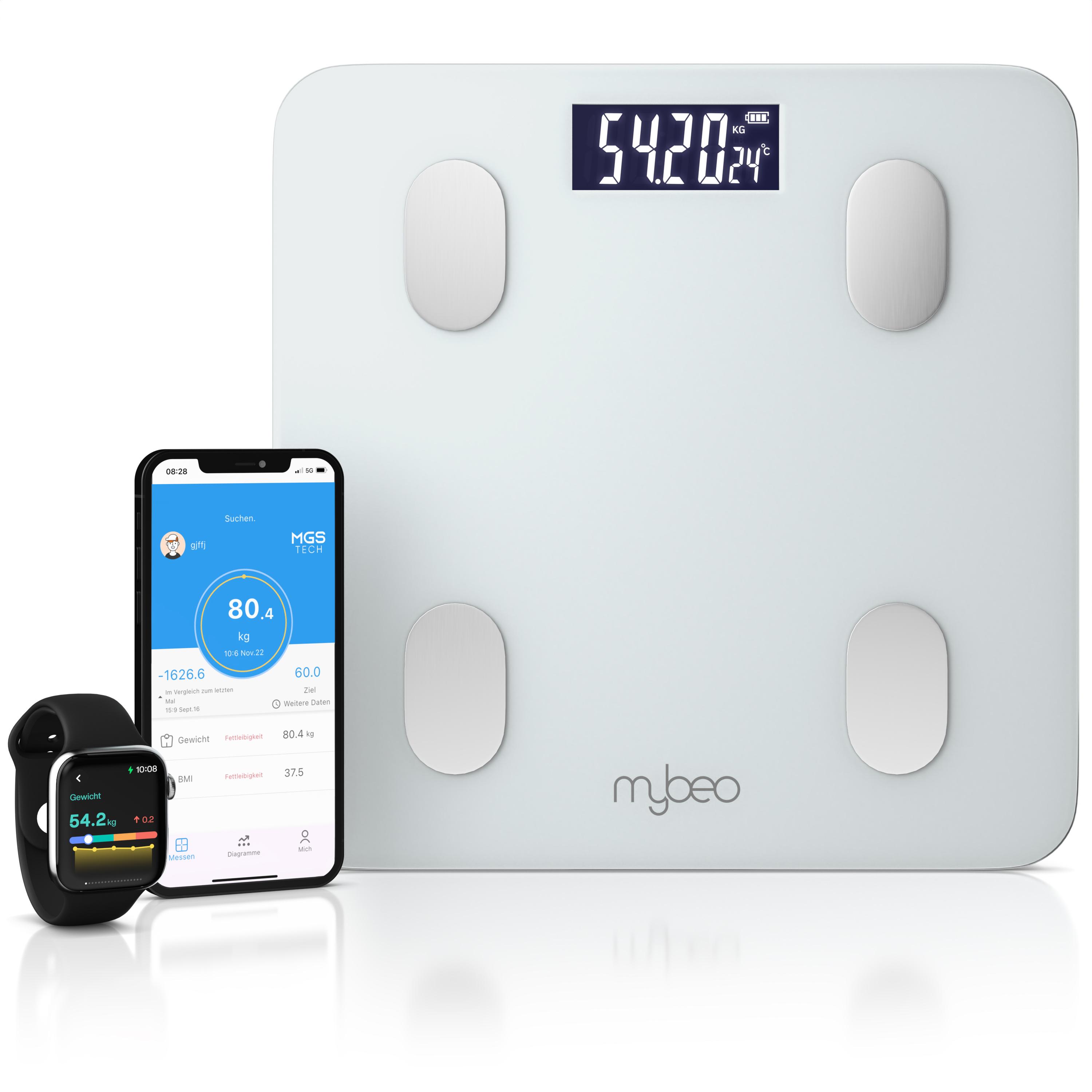 MyBeo Personenwaage, digitale Körperfettwaage mit App, Bluetooth, bis 180 kg, BIA-Analyse, 6 mm Glas, Gewicht, BMI, Fettanteil, Muskelmasse, OKOK International 307794