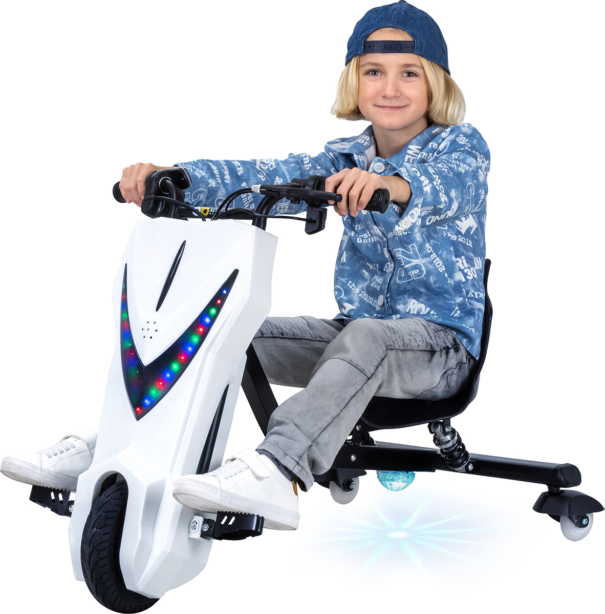 Kinder Elektro Drift Trike | Drift Scooter - Bis zu 15km/h - LED Driftrollen 360° - Hupe - Drosselbar (Weiß Matt)