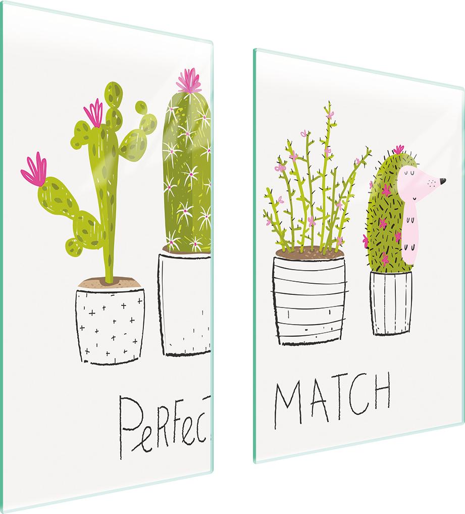 TMK ArtDeko Herdabdeckplatten 2 teilig 75x52 Ceranfeld Abdeckung Glas Schneidebrett Kaktus Weiß