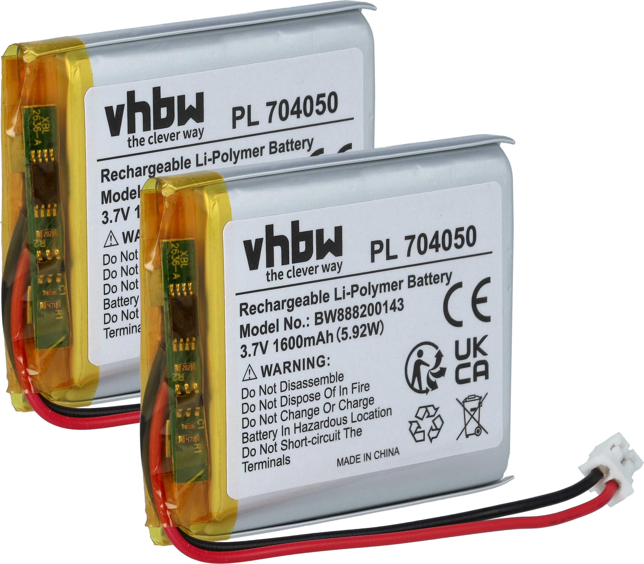 vhbw 2x Akku Ersatz für Fatboy PN704050 für Tischlampe, Nachttischlampe (1600 mAh, 3,7 V, Li-Polymer) 183121191-1