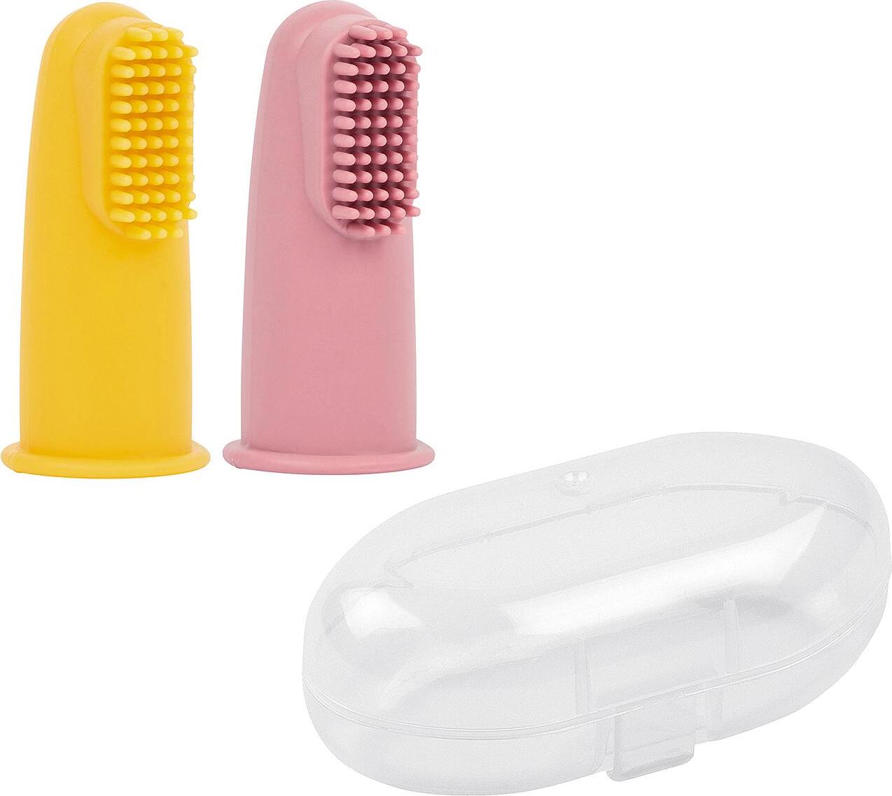 NATTOU Kefka silikónová na prst s puzdrom Yellow/Pink 2 ks