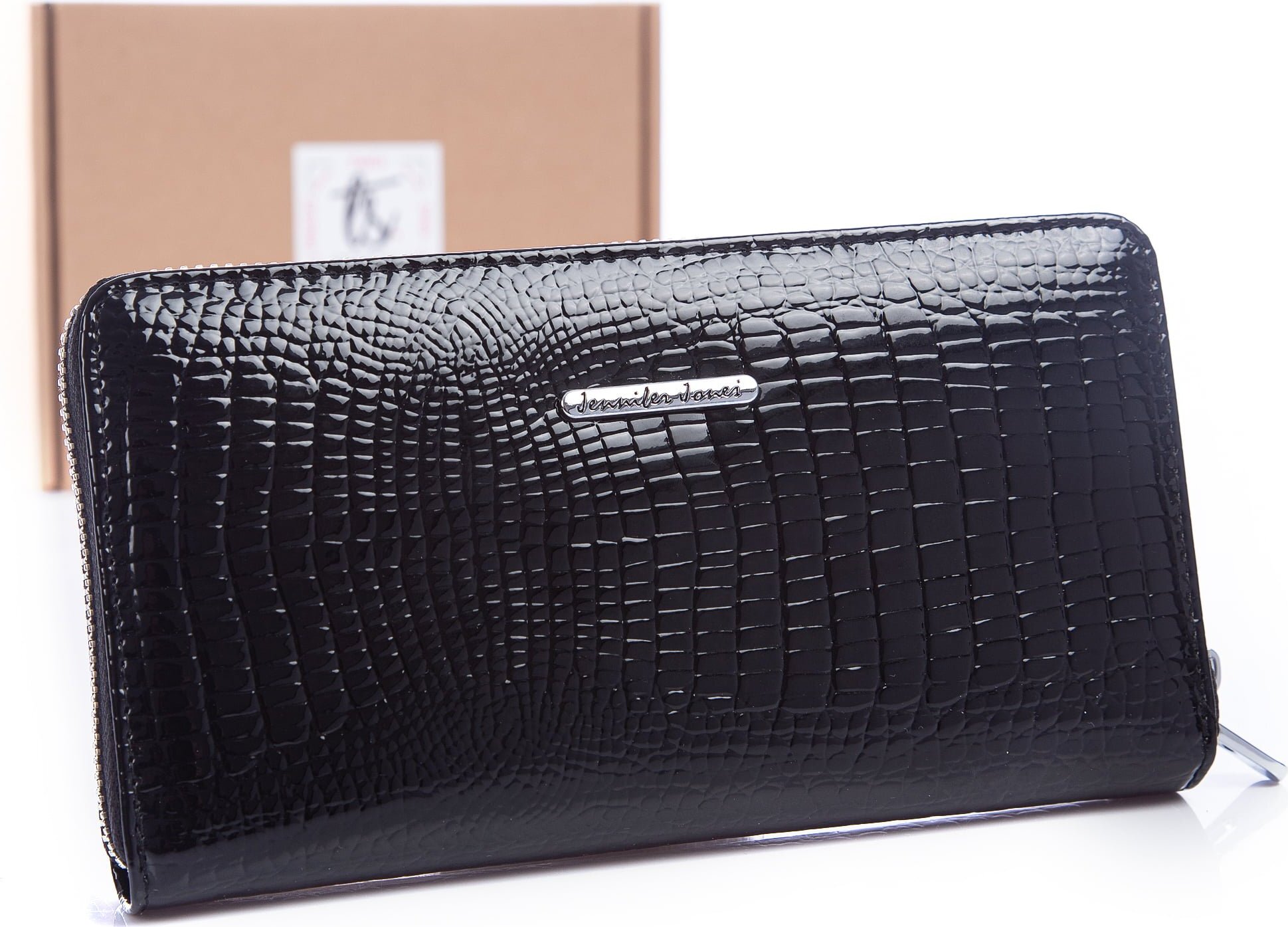 Jennifer Jones Leather Jennifer Jones Damen großes Geldbörse mit Reißverschluss Echt Leder Lackiertes Schwarz