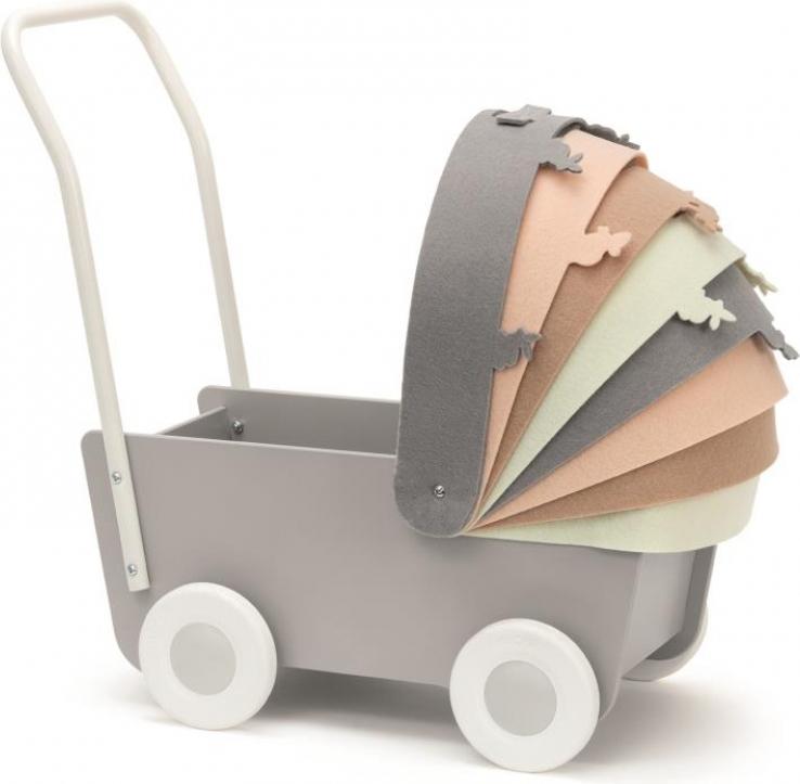 Skrållan Skrallan Holz Puppenwagen mit Filzdach - grau und Naturtöne LY1019