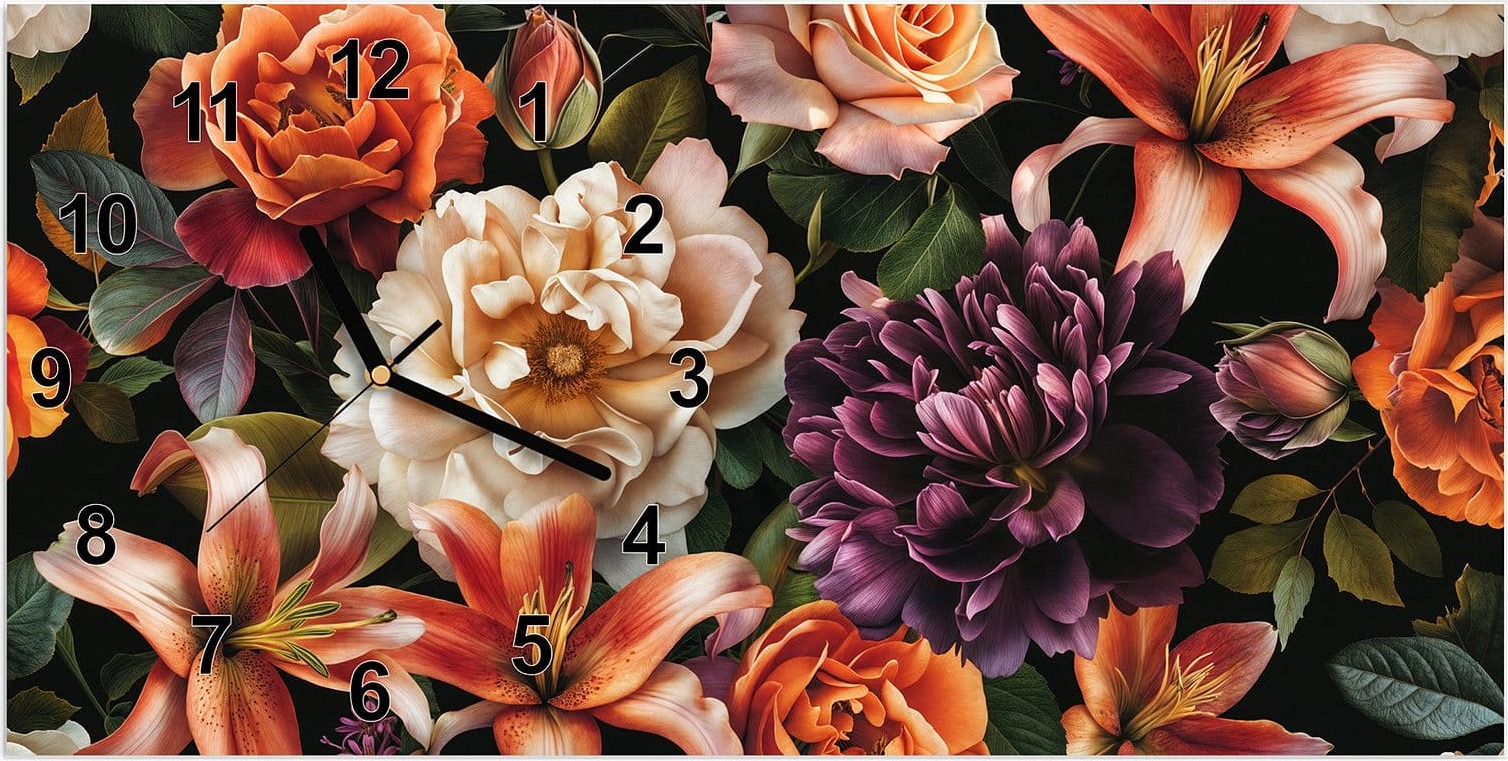 Primedeco Wanduhr aus Glas mit Motiv Blumenpracht- 60 x 30 cm - inkl. Aufhängesystem