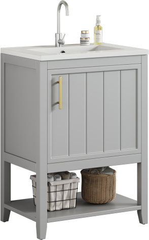 Gotagee Badmoebel 61 x 87 x 47 cm Hellgrau MDF Waschtischunterschrank 60 cm Einzelwaschtisch mit Keramikwaschbecken mit Ablage Sink-LY316607AAC