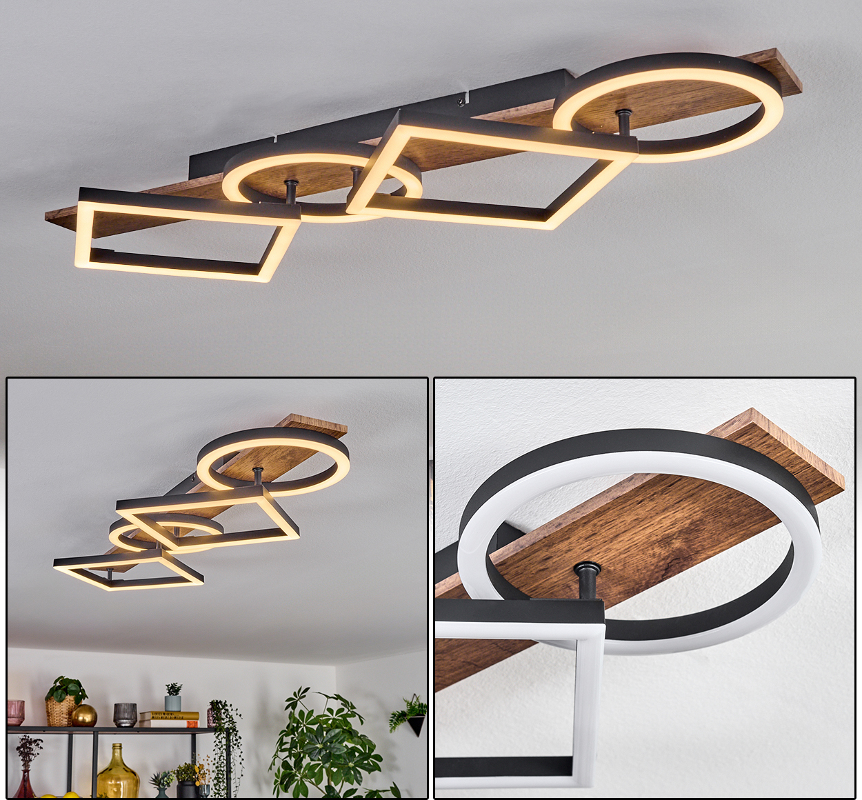 hofstein Pigge Deckenlampe aus Metall/Holz/Kunststoff in Schwarz/Braun/Weiß H3988091