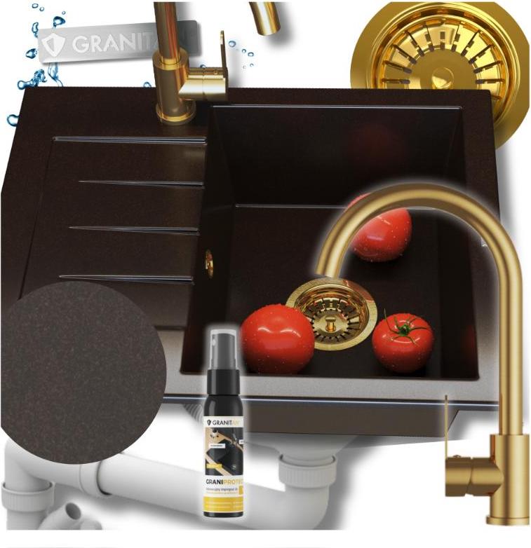 Granitan | Küchenspüle - Granitspüle - MILANO - mit Armatur - mit Siphon - 1-Becken - Dunkelbraun - 57.4 x 46.4 cm