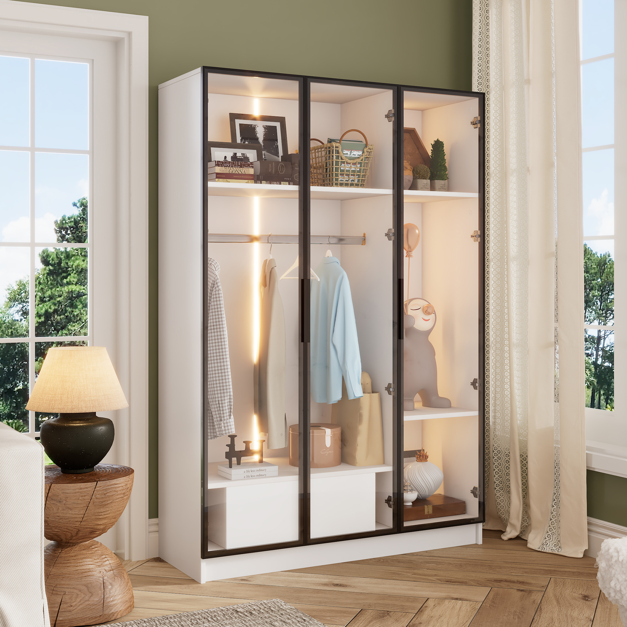 okwish Kleiderschrank mit 3 Glastüren, 1 Schublade und 1