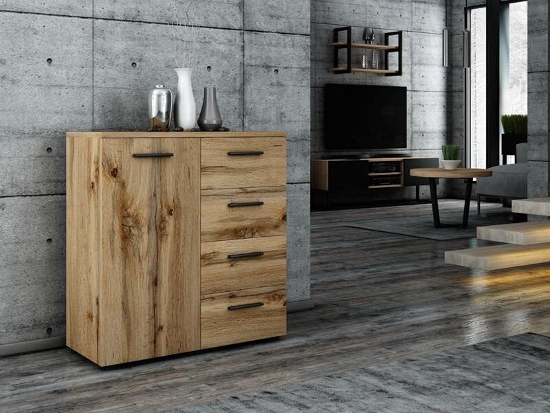 MATKAM Kommode Helena B80 x H84,5 x T35 cm, Sideboard mit 4 Schubladen und 1 Fächer mit Türen, ideal für Büro, Diele, Wohnzimmer (Wotan Eiche) HELENA 80