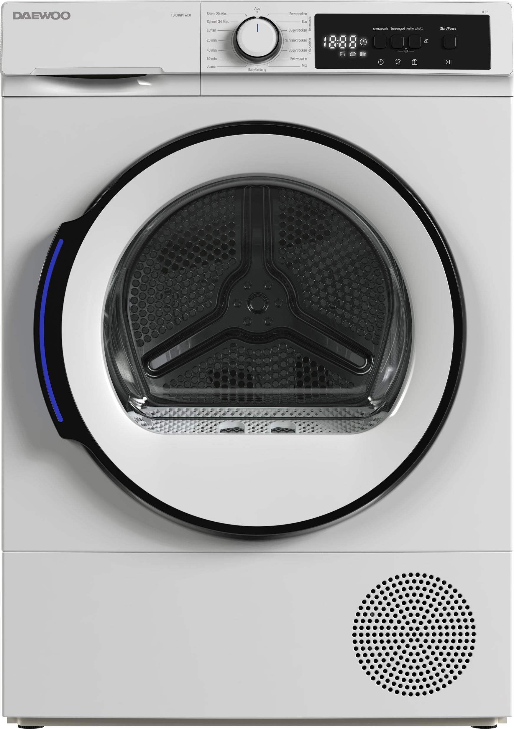 Daewoo TD-B8GP1WD0-DE Wäschetrockner Frontlader, D, 8 kg Wärmepumpentrockner, 15 Programme, Kurzprogramm, Knitterschutz