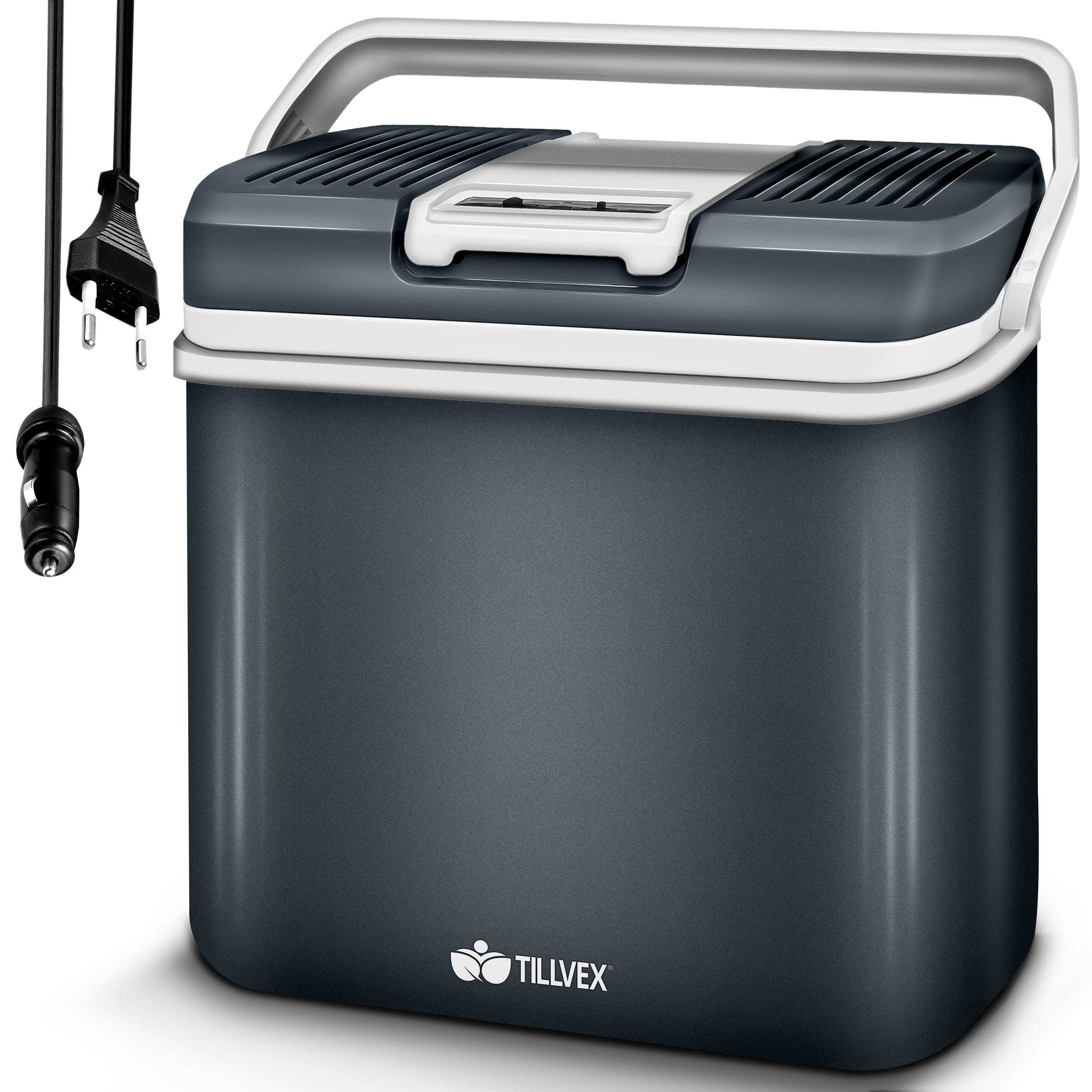 tillvex Kühlbox elektrisch 40L Grau mit Rollen Mini-Kühlschrank 230 V und  12 V für KFZ