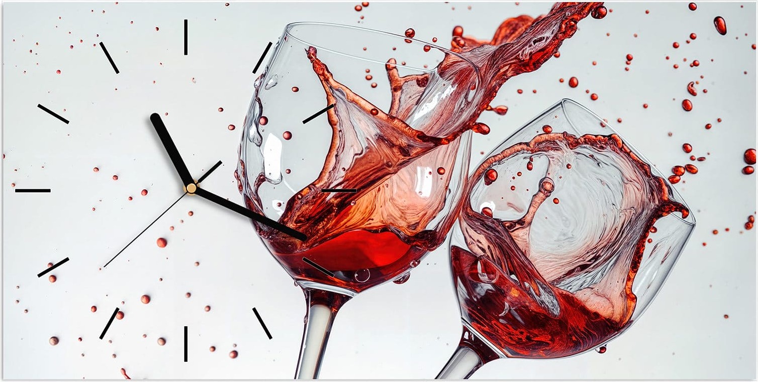 Primedeco Wanduhr aus Glas mit Motiv Weinkelchplätschern- 60 x 30 cm - inkl. Aufhängesystem