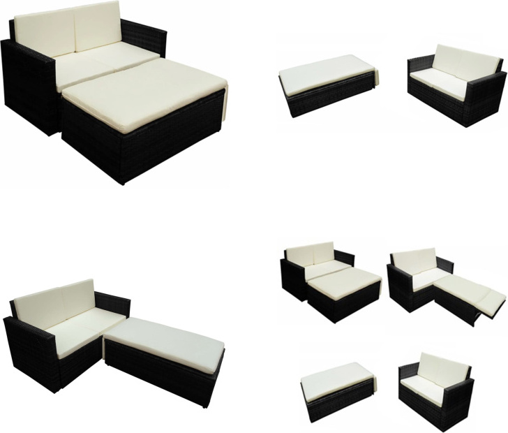 vidaXL 2 ks záhradná obývacia súprava s vankúšmi poly ratan čierna - záhradná súprava - záhradné súpravy - záhradná pohovka - záhradné pohovky