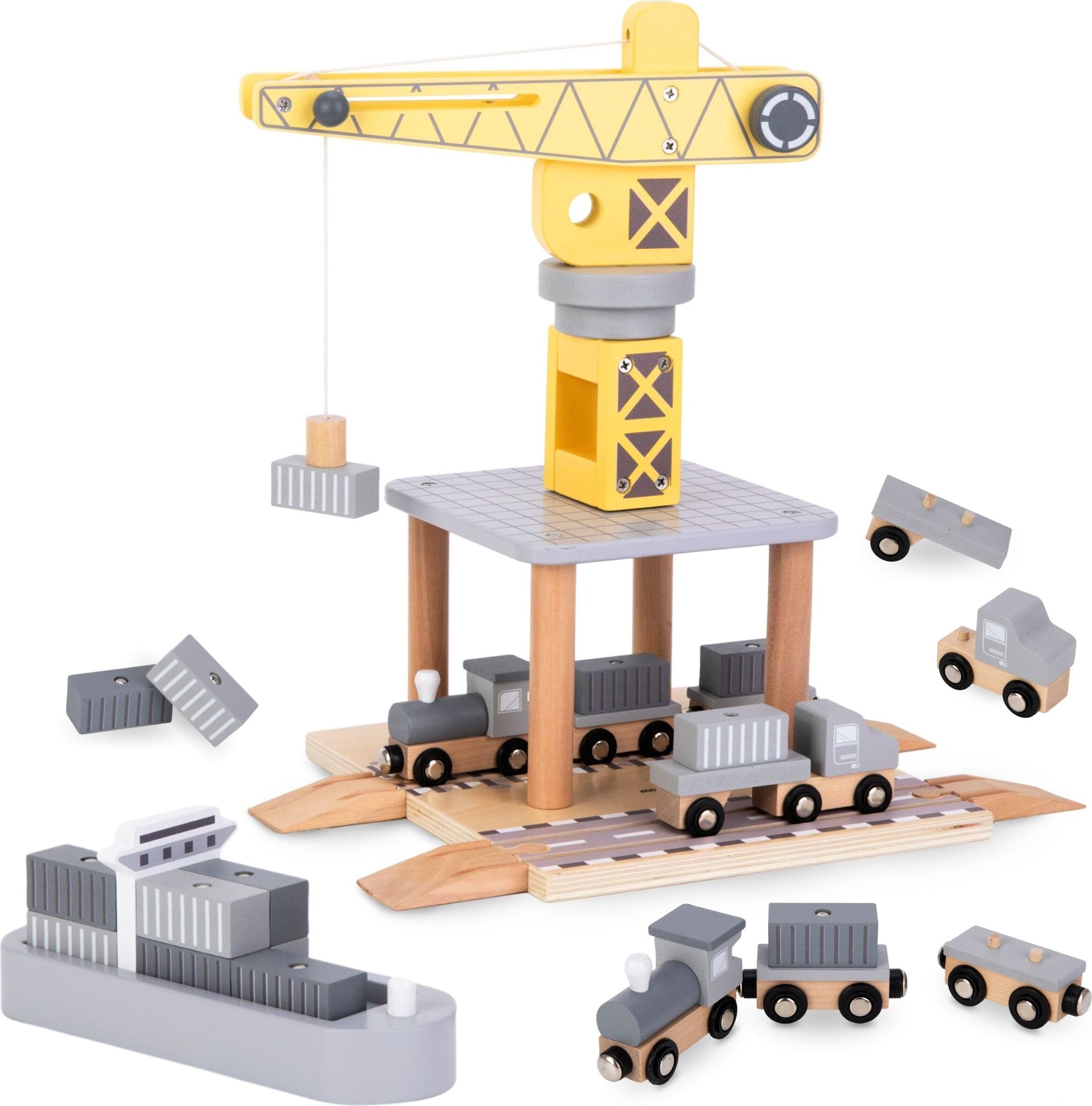 Mamabrum Holz-Spielzeug Hafenkran mit Magnet-Winde und Containerschiff – für Kinder 3+