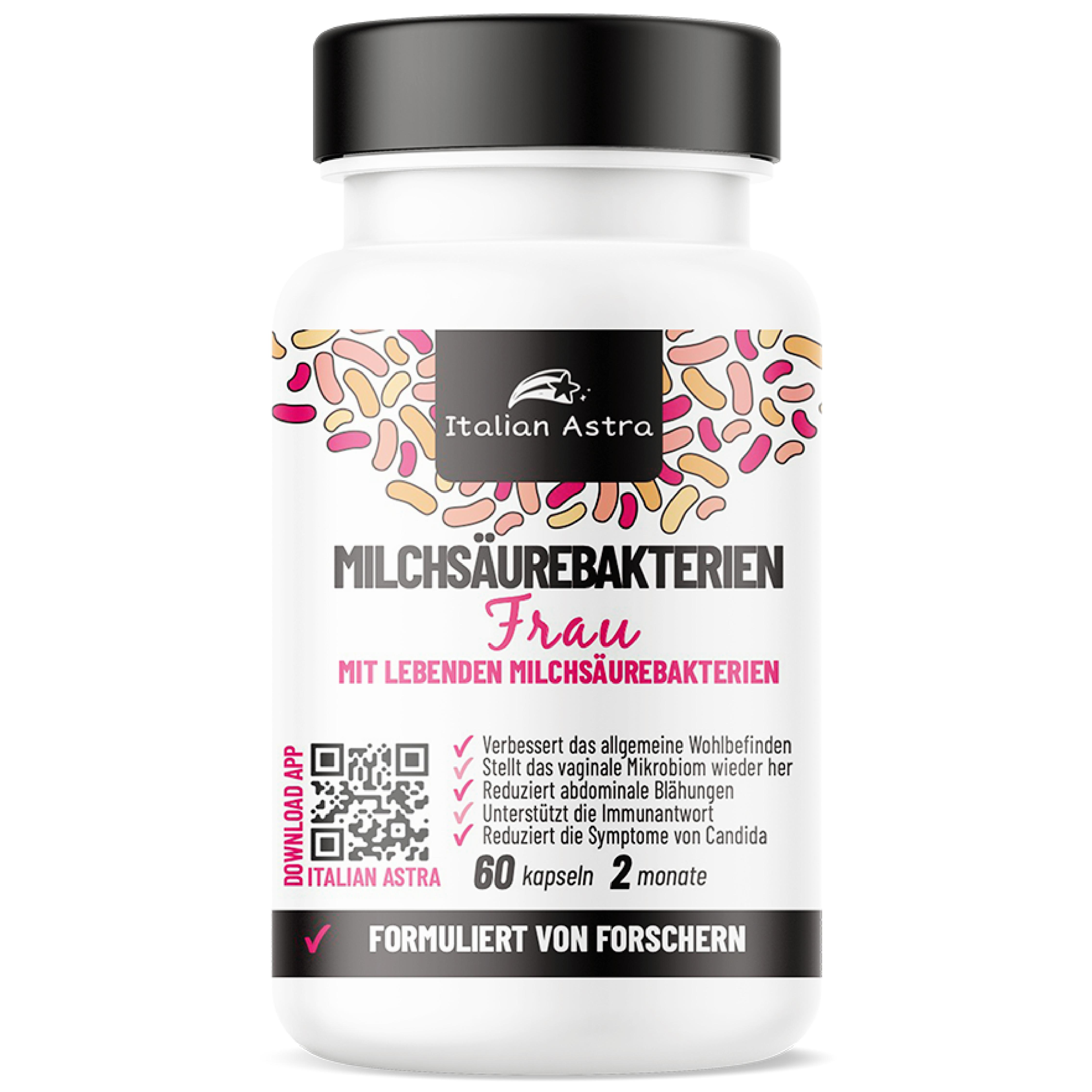 Italian astra Probiotika Frauen – Mega-Konzentration 205 Milliarden KBE – L. Rhamnosus, L. Paracasei, L. Plantarum | Intim- & Darmflora | Hormonfrei | 60 Kapseln