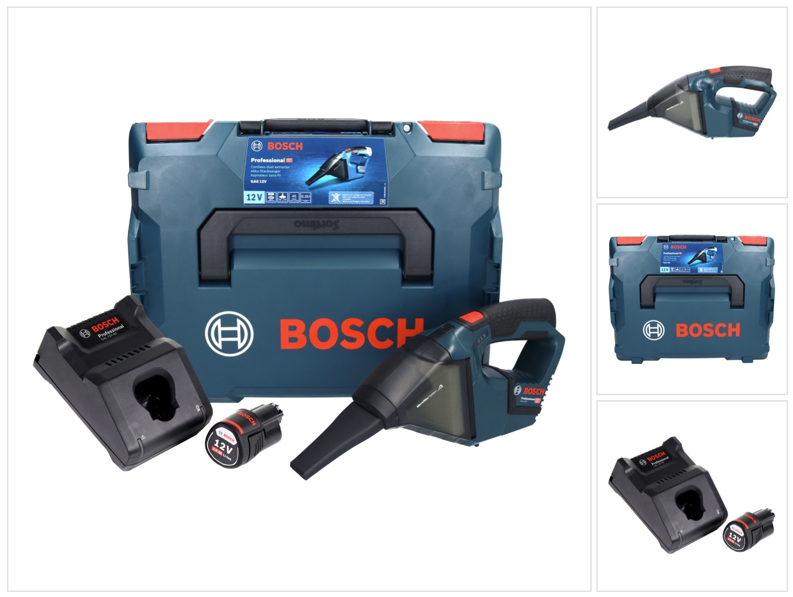 Bosch GAS 12V Professional akumulátorový vysávač 12 V 0,35 l + 1x akumulátor 3,0 Ah + nabíjačka + L-Boxx