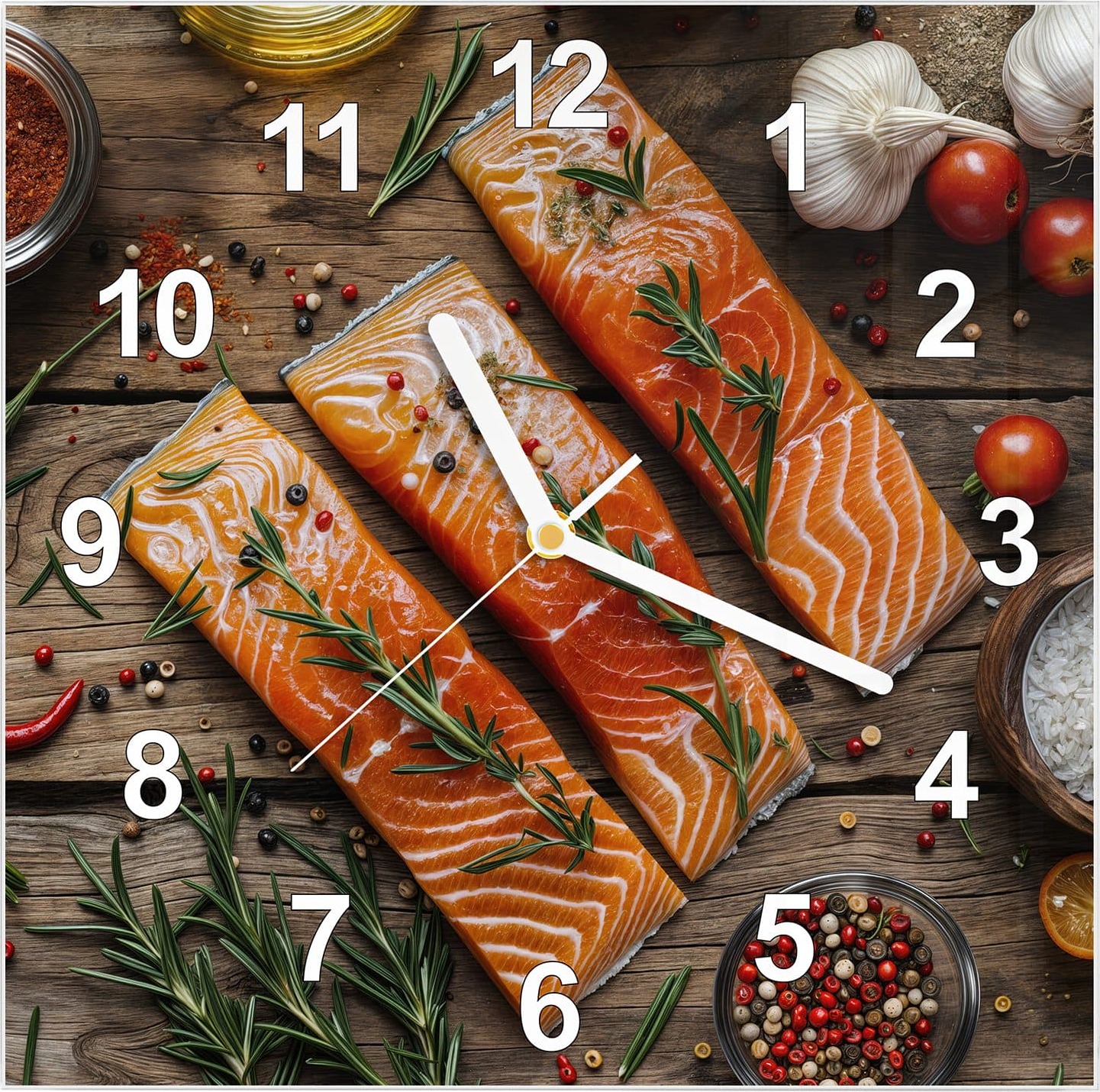 Primedeco Wanduhr aus Glas mit Motiv Lachsfilets- 30 x 30 cm - inkl. Aufhängesystem