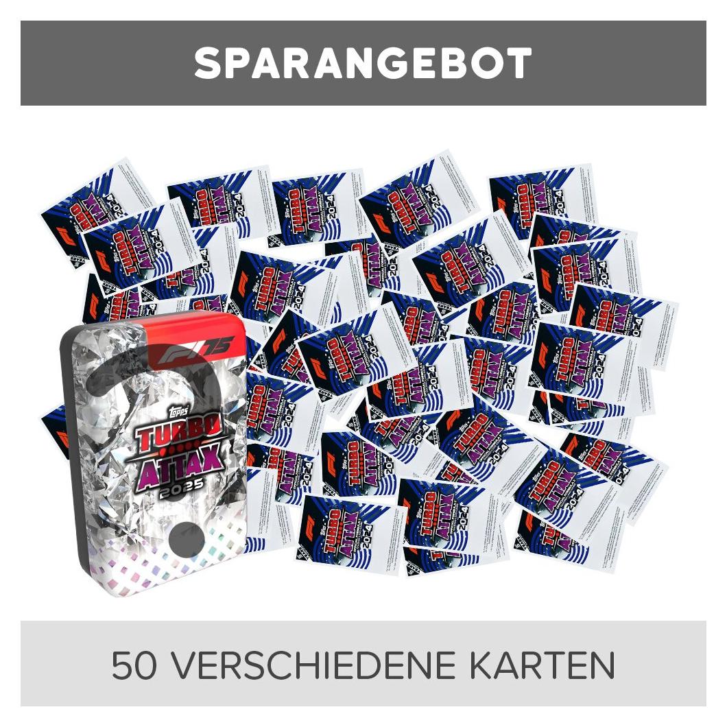 Topps - Turbo Attax Formel 1 2024 - Trading Cards - 50 verschiedene, zufällige Karten + 1 zufällige leere Tin Dose