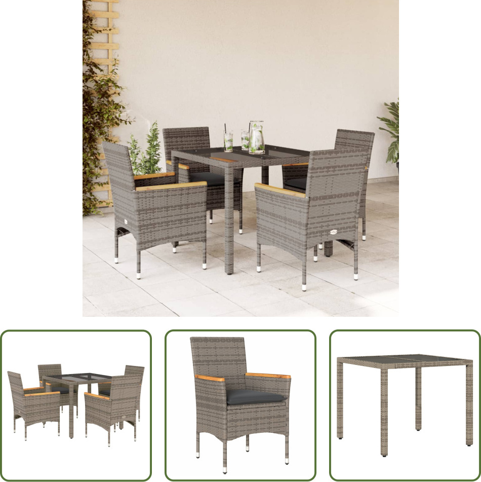 The Living Store 5-dielny záhradný jedálenský set s vankúšmi sivý polyratan a sklo