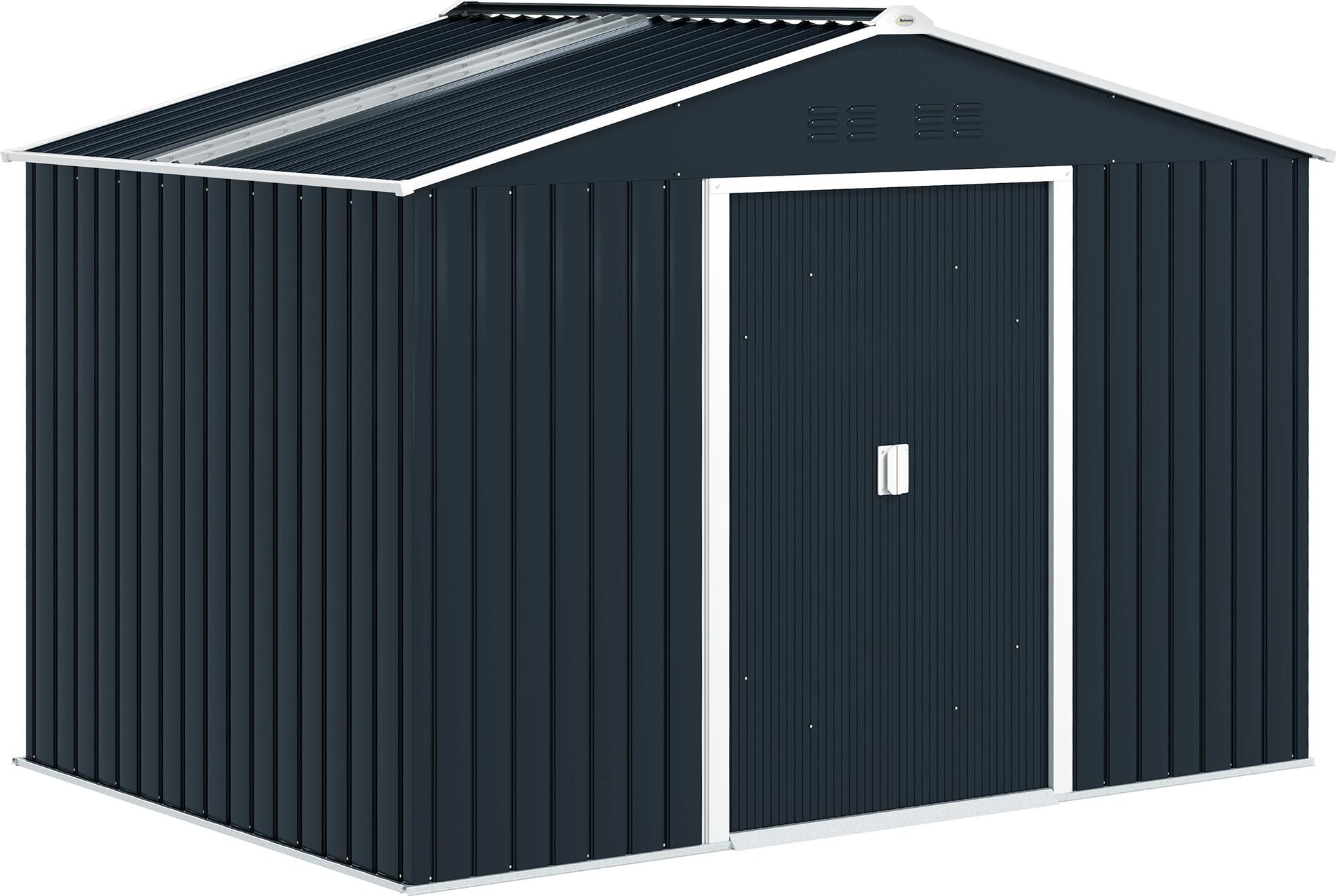 Metall Geräteschuppen mit Schiebetüren, Belüftungsfenstern, 277x195x192cm, Dunkelgrau, Gartenhaus, Stauraum