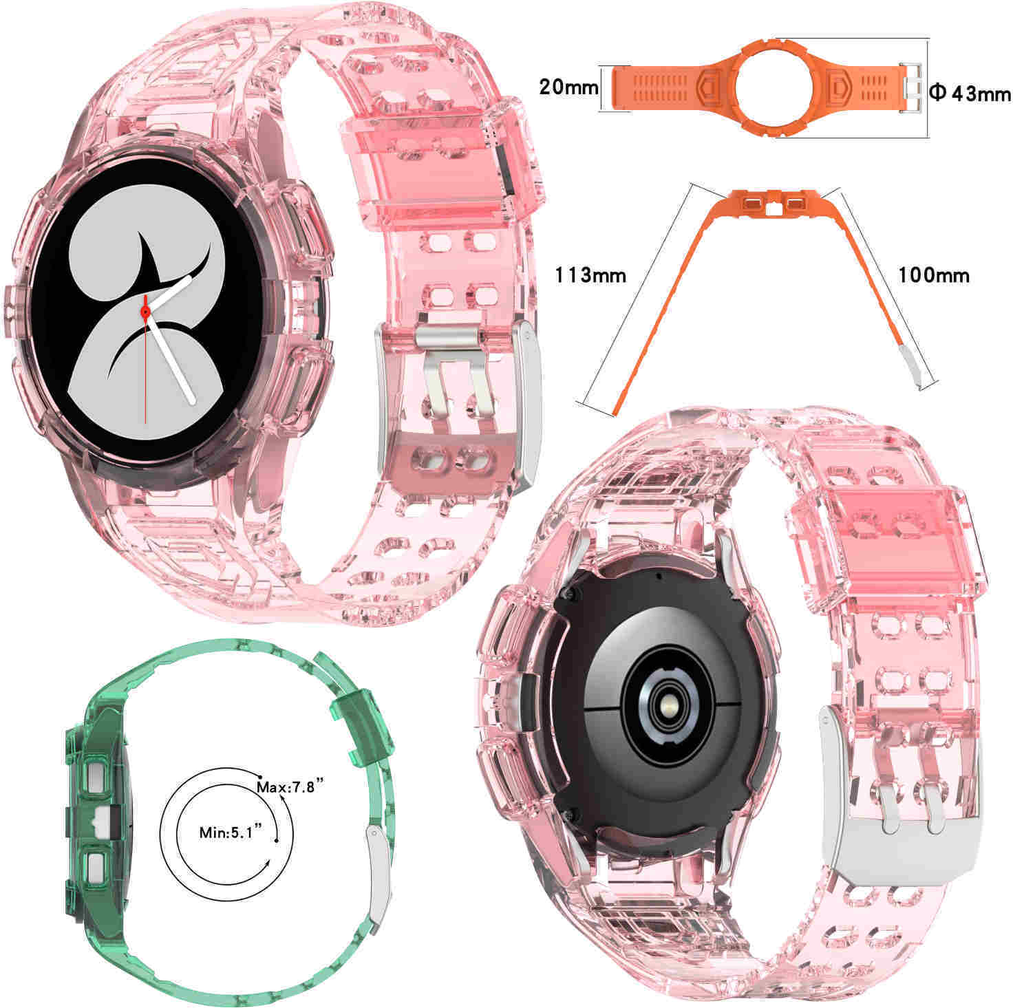 Pre Samsung Galaxy Watch 4 44mm plastový / silikónový náramok s ochranným puzdrom Watch Pink Náhradný pás na ruku