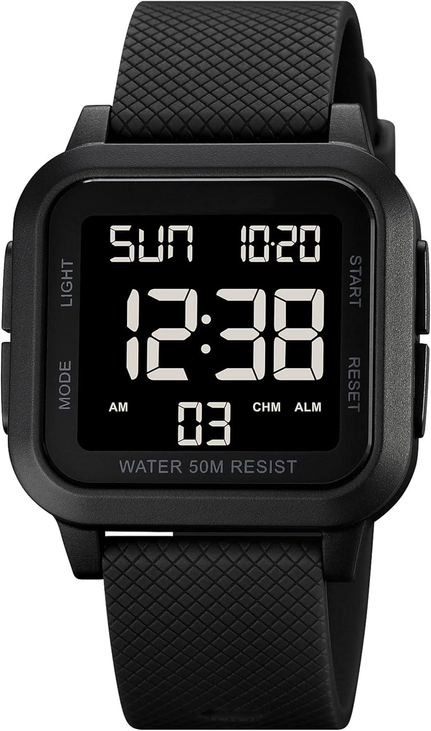 findtime Watch Quadratische Digitaluhr LED Große Ziffern Herren Damen Uni, Outdoor Sportuhr mit Alarm Timer Doppelzeit Stoppuhr 12/24H, 50M Wasserdicht