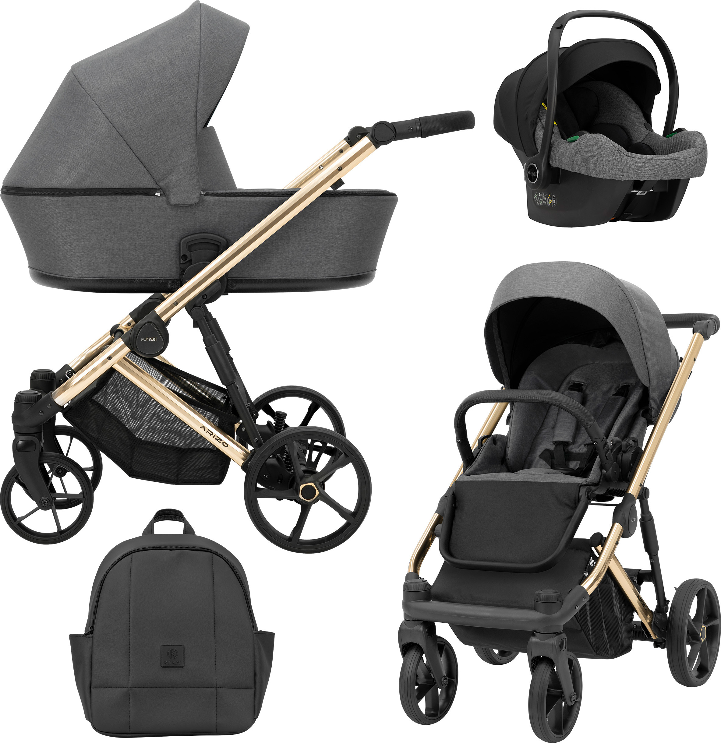 Kunert Kinderwagen ARIZO Sportwagen Babywagen Babyschale Komplettset Kinder Wagen Autositz Set 3 in 1 (Graphite, Rahmenfarbe: Gold)