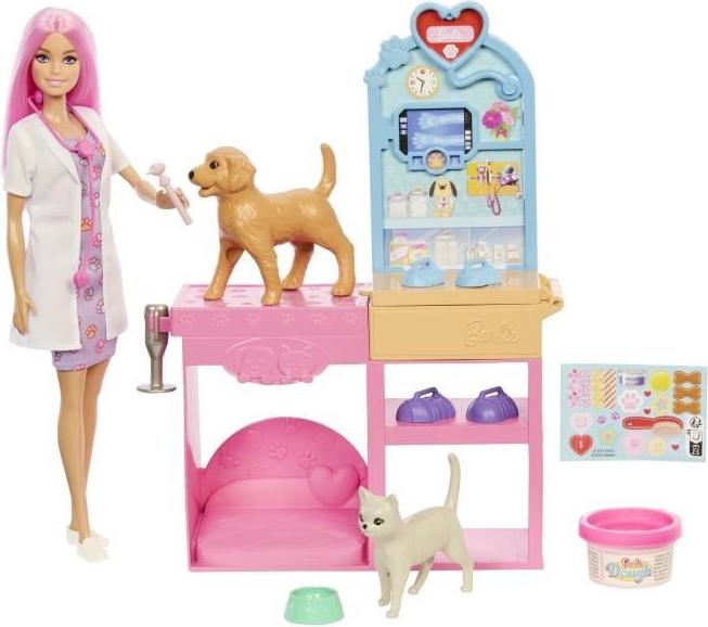 Barbie Tierarztklinik Spielset, Puppe mit rosa Haaren, 2 Tiere, Tierarzt Zubehör, JFX93 MATJFX93