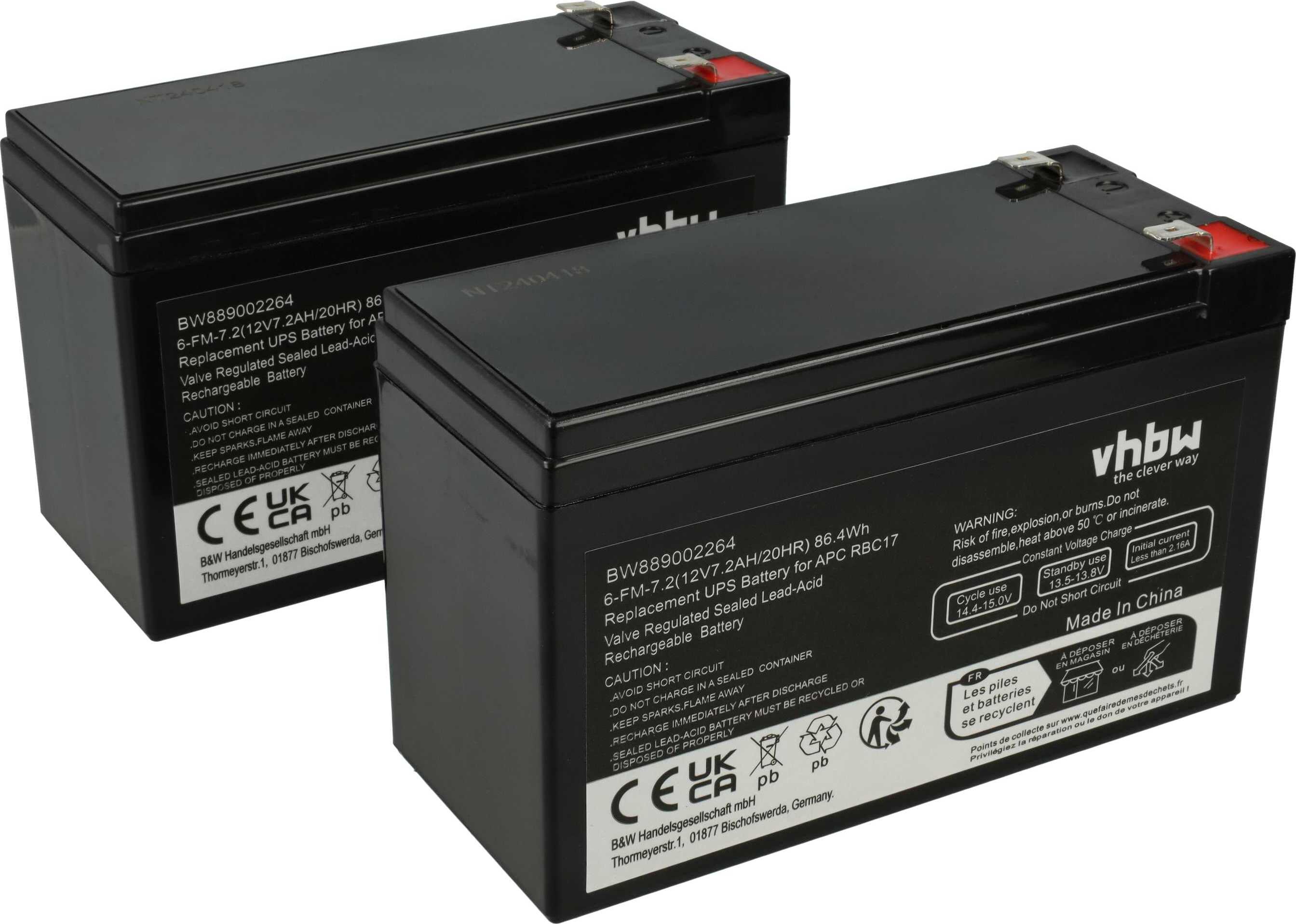 vhbw 2x Akku für USV & andere Geräte in verschiedenen Anwendungsbereichen (7200 mAh, 12 V, AGM)