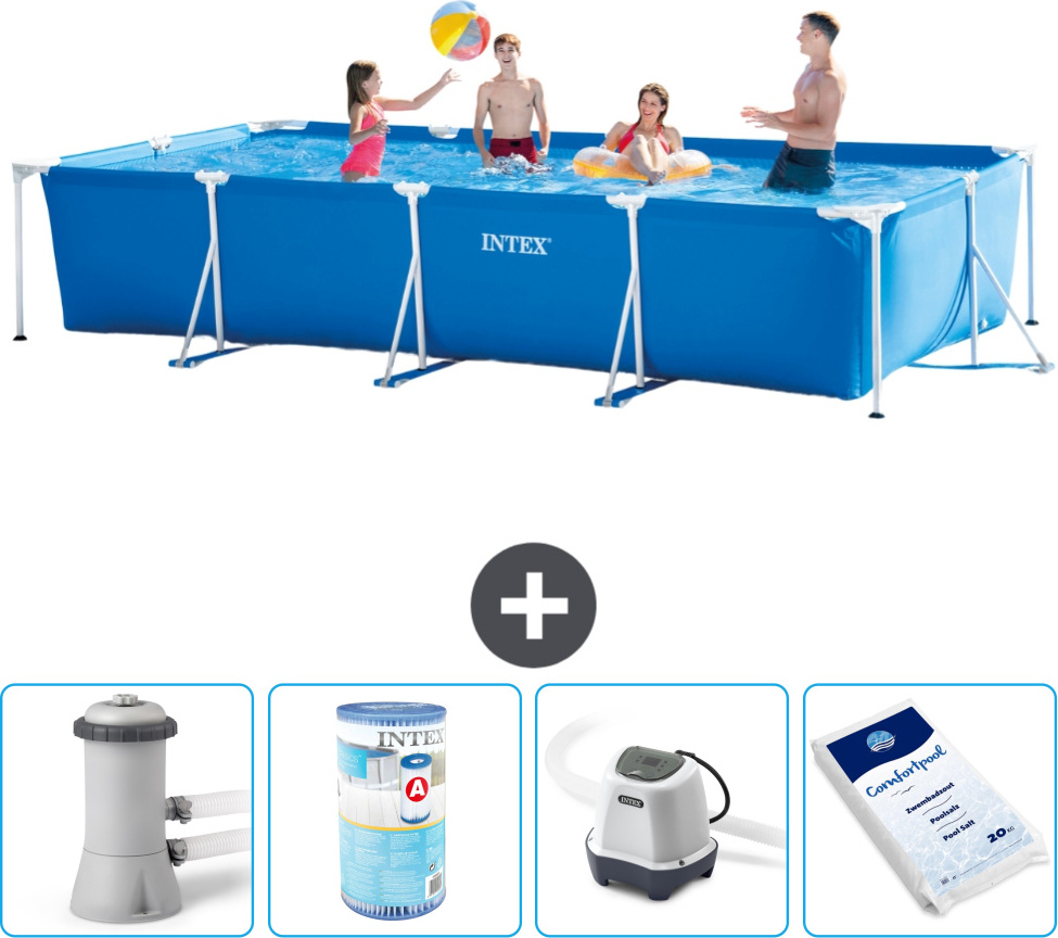 Bazén Intex s obdĺžnikovým rámom - 450 x 220 x 84 cm - modrý - dodávaný s filtračným čerpadlom pre bazén - filter - systém so slanou vodou - bazénová soľ