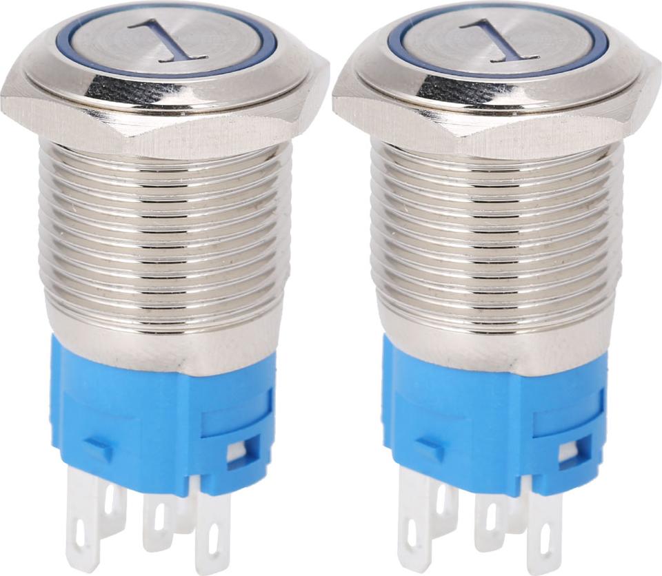 TWO TREES 2 Stück 16 mm Reset-Momentan-Drucktaster, flach, rund, 5-polig, mit LED und Ziffer, 1 blau, 220 V AC