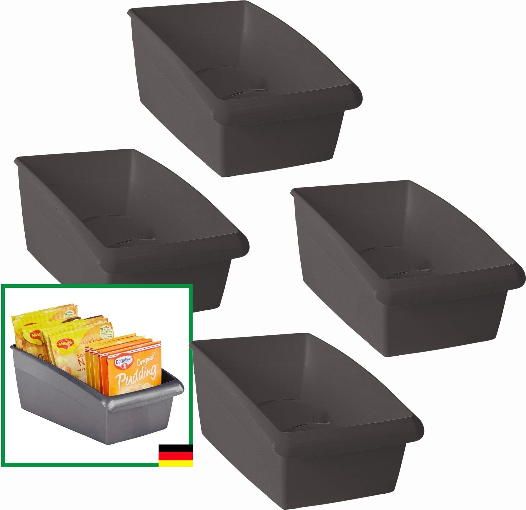 AMP GmbH Novaliv Suppentütenbox 4er Sparset Schubladen Organizer Küche - 25 x 12 cm ANTHRAZIT GRAU Gewürzaufbewahrung Box - Ordnungssystem für Schubladen - Aufbewahrung von Dressing & Backzutaten