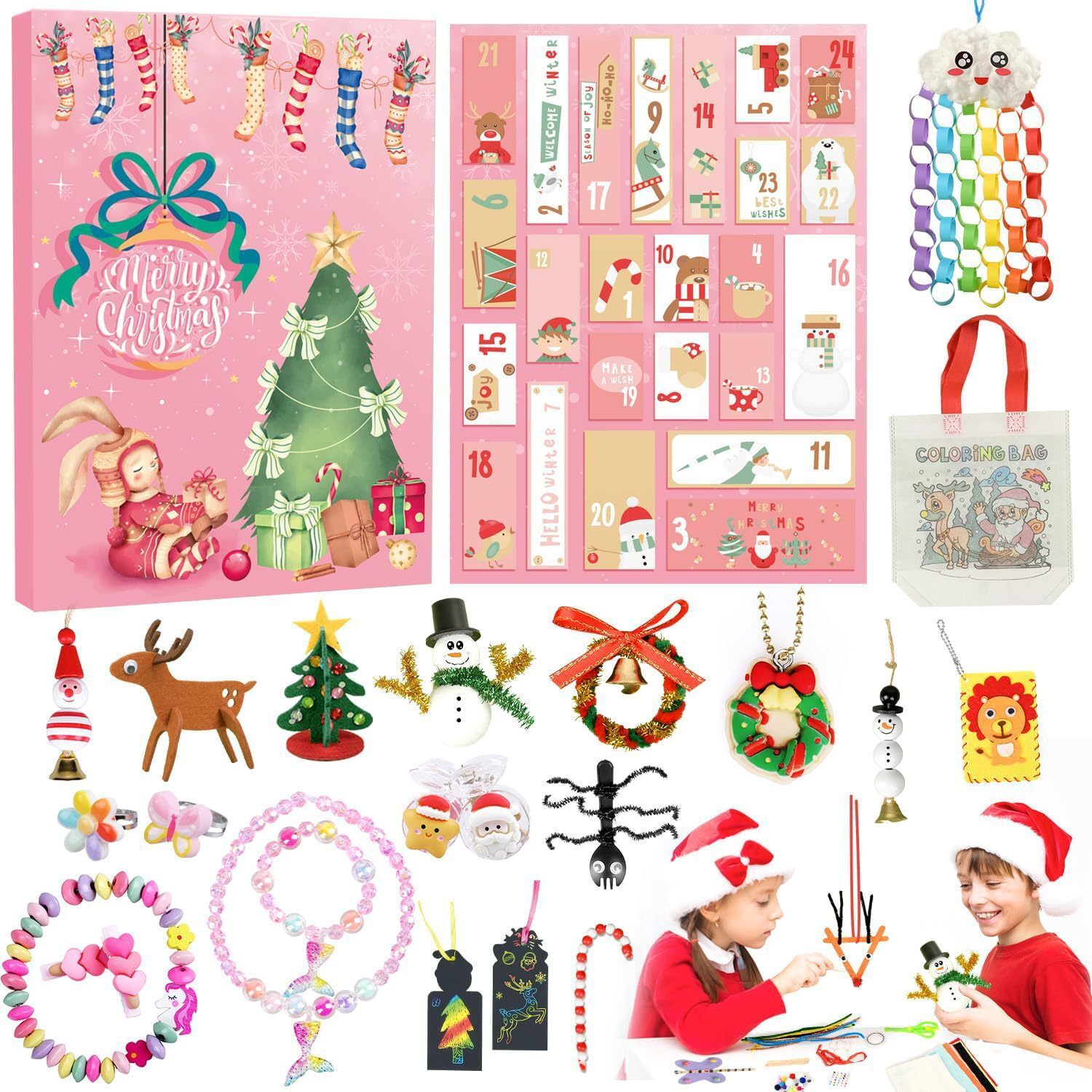MCBOSON Adventný kalendár Vianočný ručne vyrobený slepý box DIY Sada slepých boxov pre deti Vianočný darček, ružová