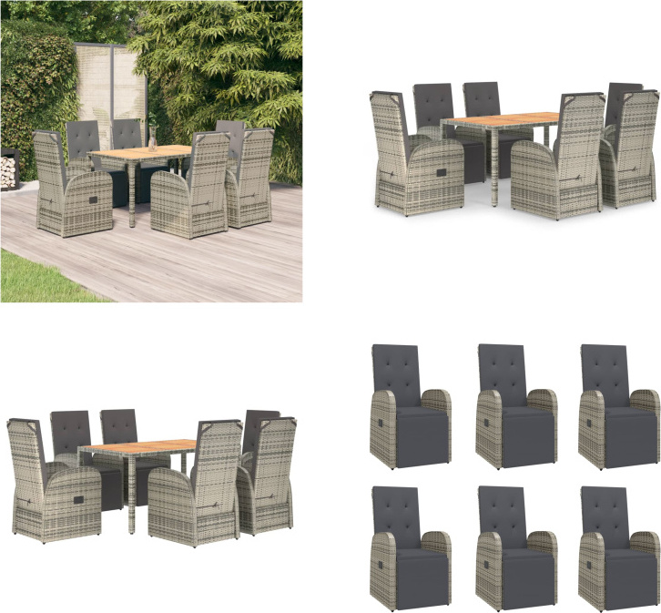 vidaXL 7 tlg. Garten Essgruppe mit Kissen Grau Poly Rattan - Garten Essgruppe - Garten Essgruppen - Essgruppe - Essgruppe Terrasse