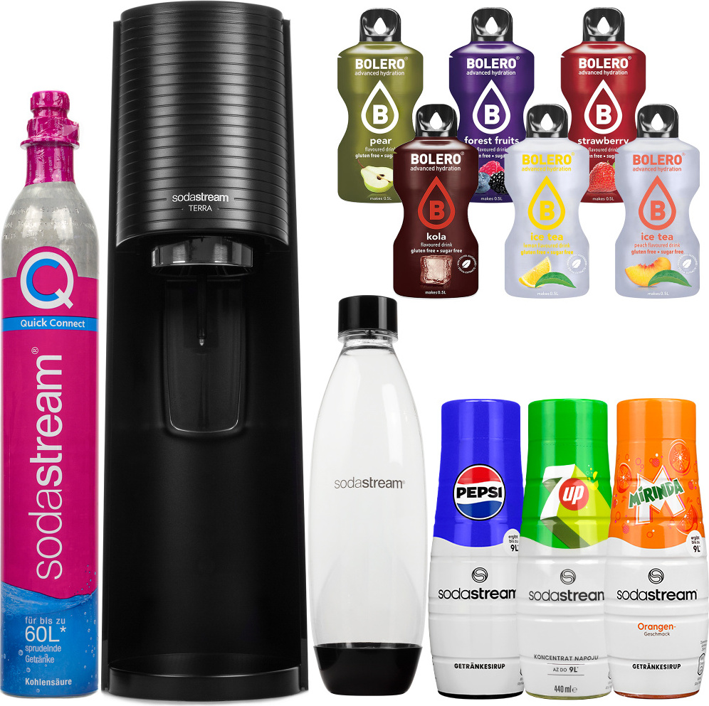 Výrobník sody SodaStream Terra Black + 1 fľaša Black + Pepsi + Mirinda + 7up + Bolero