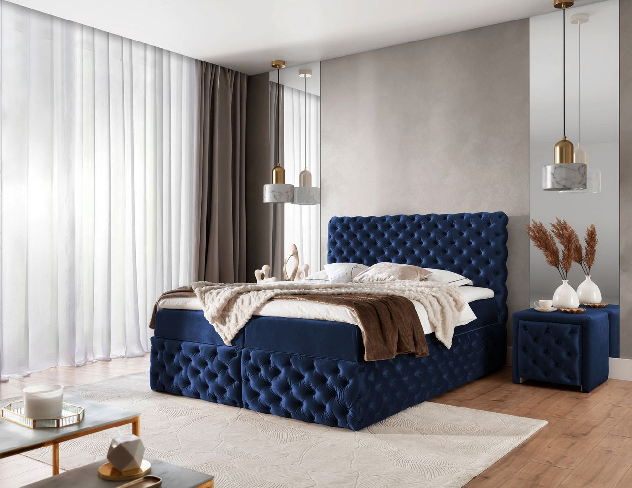 Čalúnená manželská posteľ 200x200 WANEKA - tmavo modrá + topper ZDARMA
