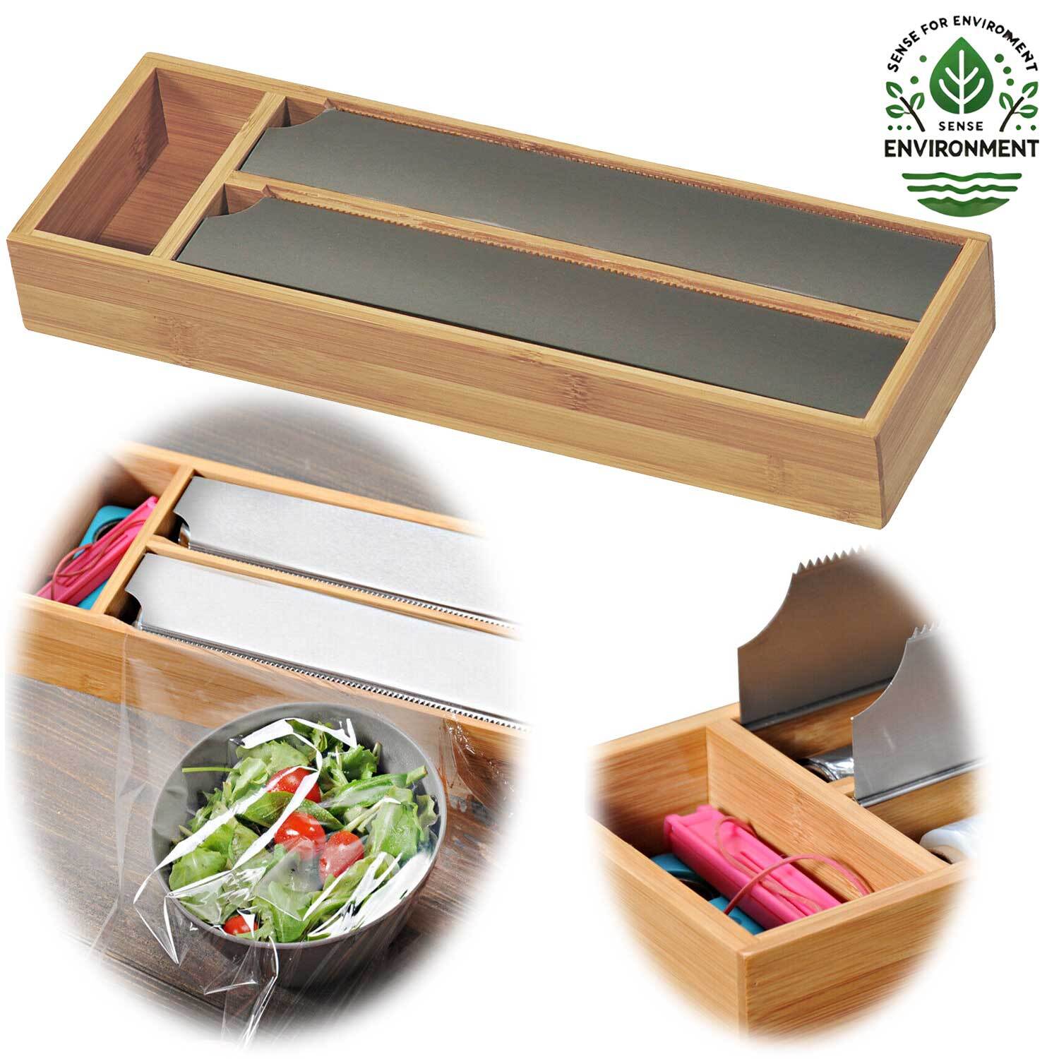 LS-LebenStil 3-fach Holz Folienspender Bambus Schubladen Alufolienspender Folienschneider Alufolie Alufolien-Spender Frischhaltefolie Folienabroller