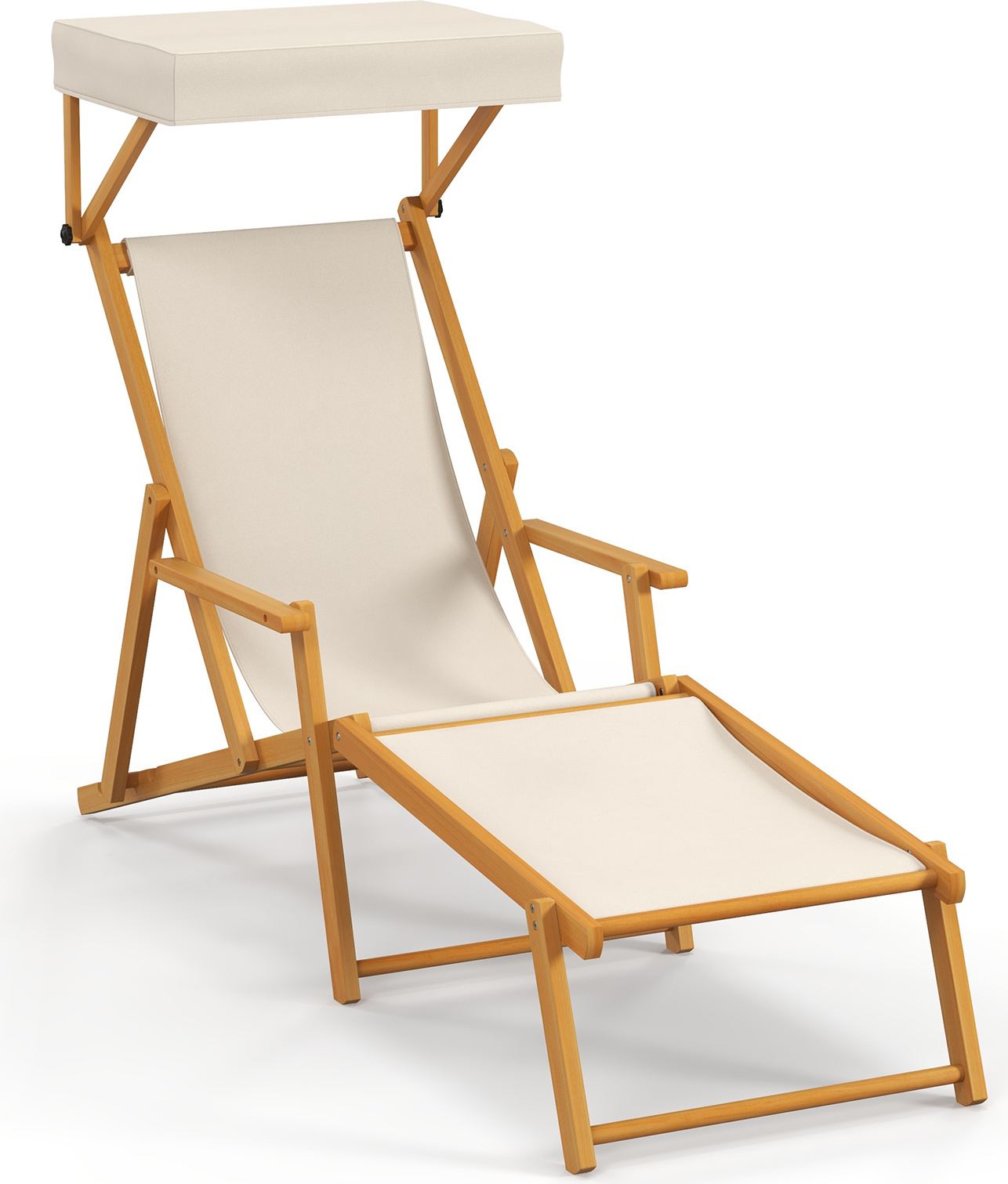 KOMFOTTEU ležadlo z brezového dreva, plážové ležadlo skladacie s polohovateľnou strechou, záhradné ležadlo s nastaviteľnou opierkou chrbta a nôh, lehátko relaxačné prenosné na pláž, terasu, záhradu